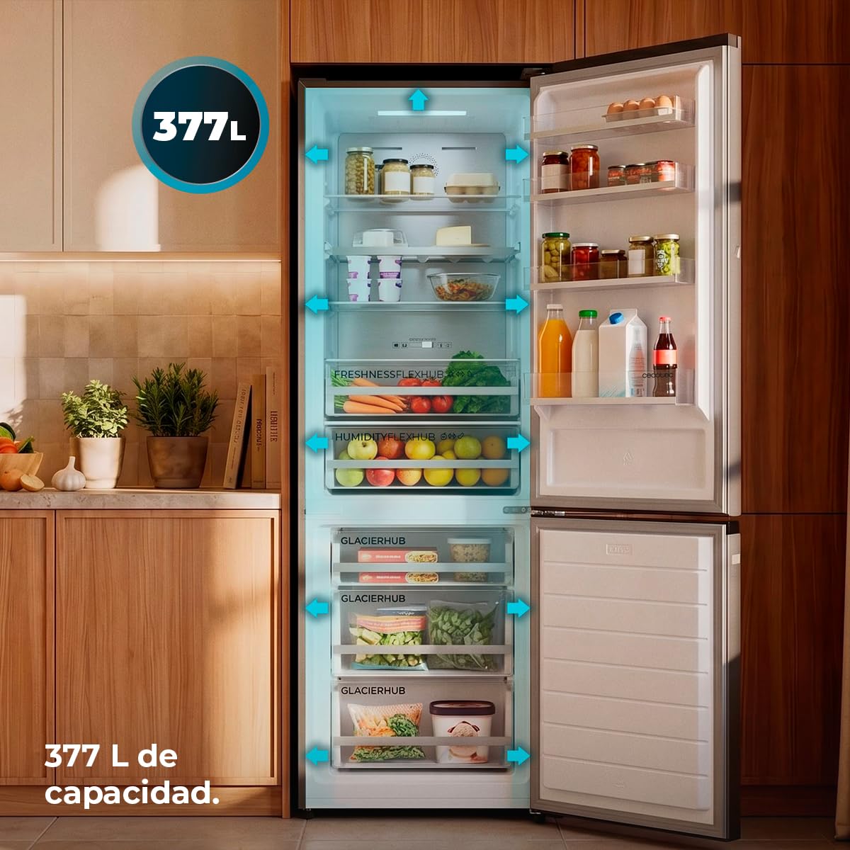 Cecotec Frigorífico Bolero CoolMarket Combi 377 Inox A. 377 Litros, Altura 200 cm, Ancho 59,5 cm, Clase A de Eficiencia, Sistema CoolMatrix, Dos Cajones con Control de Humedad, Congelación Rápida