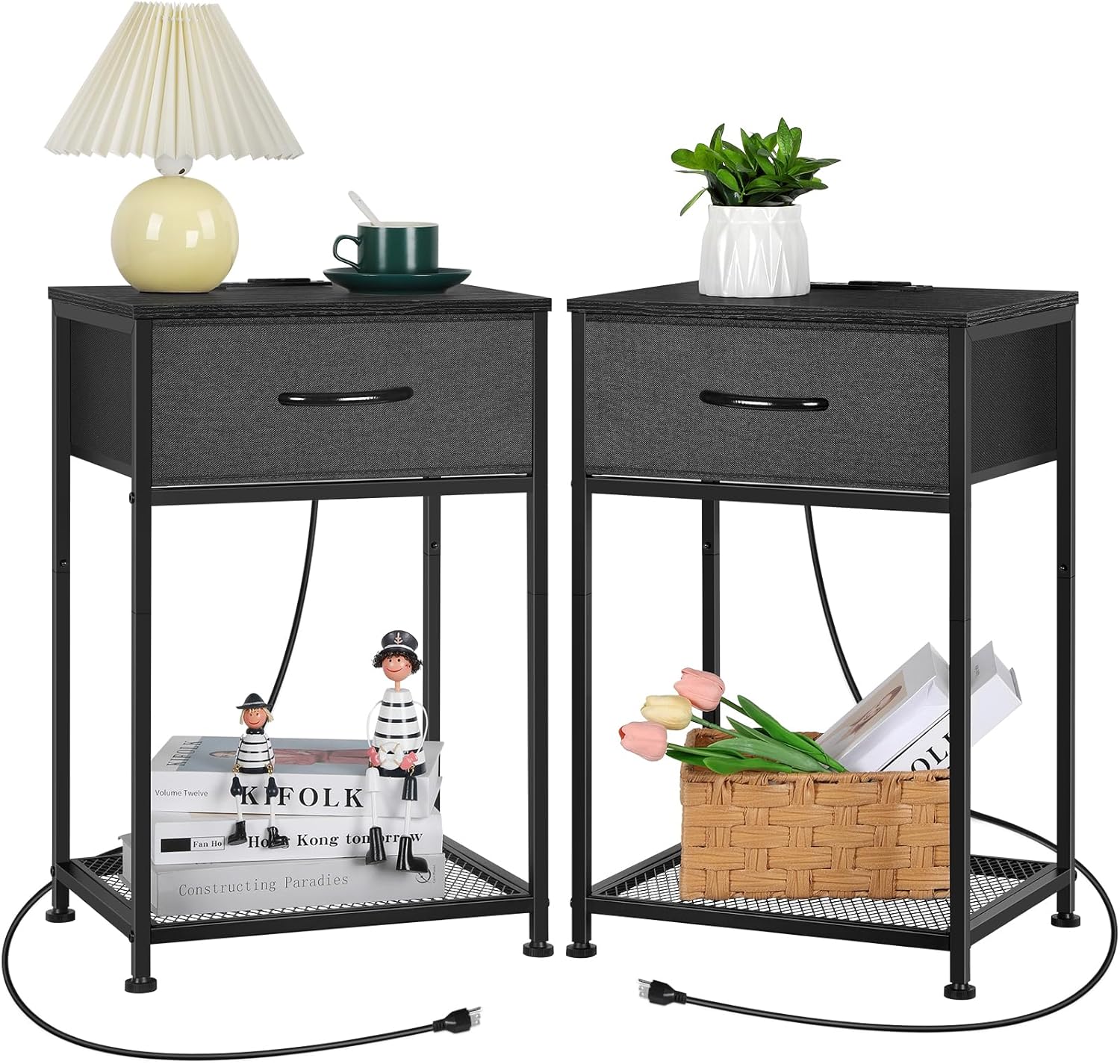 smusei Black Nightstand Set of 2 with Charging Station and