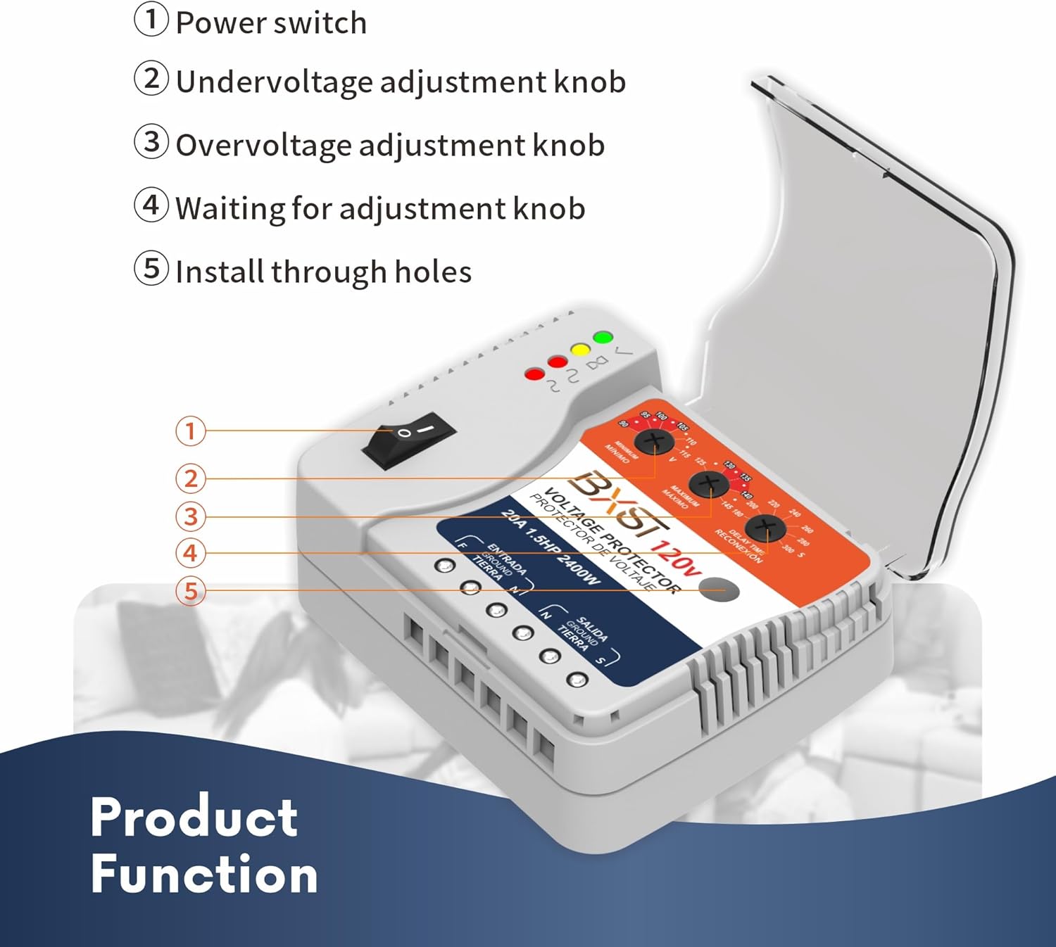 BXST Surge Protector, 20A Voltage Regulator, Wiring Heavy Duty Power Surge Protector Outlet for Refrigerator, TV, Computer and Home Appliance, Adjustable, LED Display Screen, 120V, 2400W, 140J