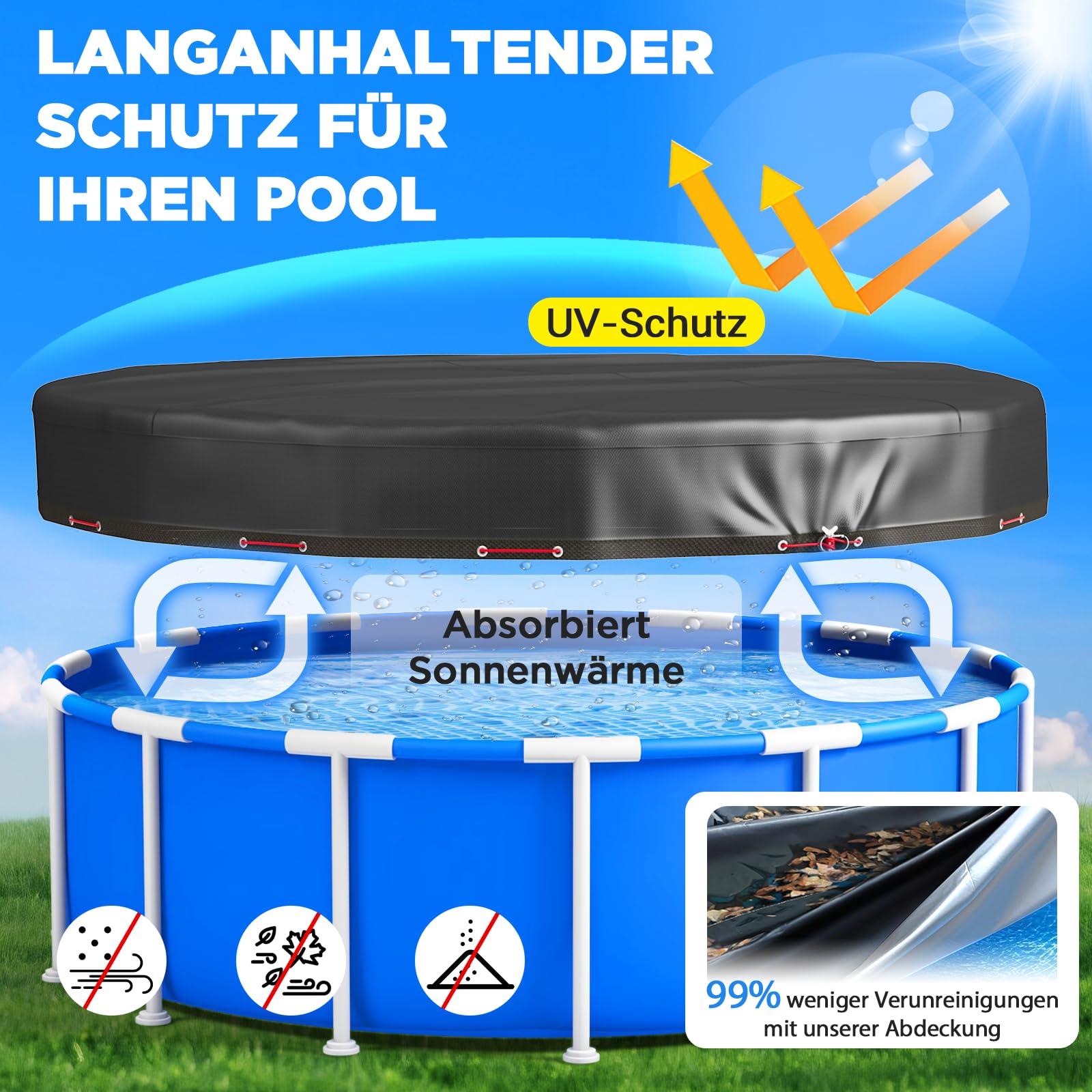 Poolabdeckung 366,Poolplane Rund,Poolfolie Robuste wetterfeste runde Abdeckung passend für runden Gartenpool, Staub- laub- und frostschützend,wärmedämmend,wasserdichte abdeckplane Pool Pool Abdeckung
