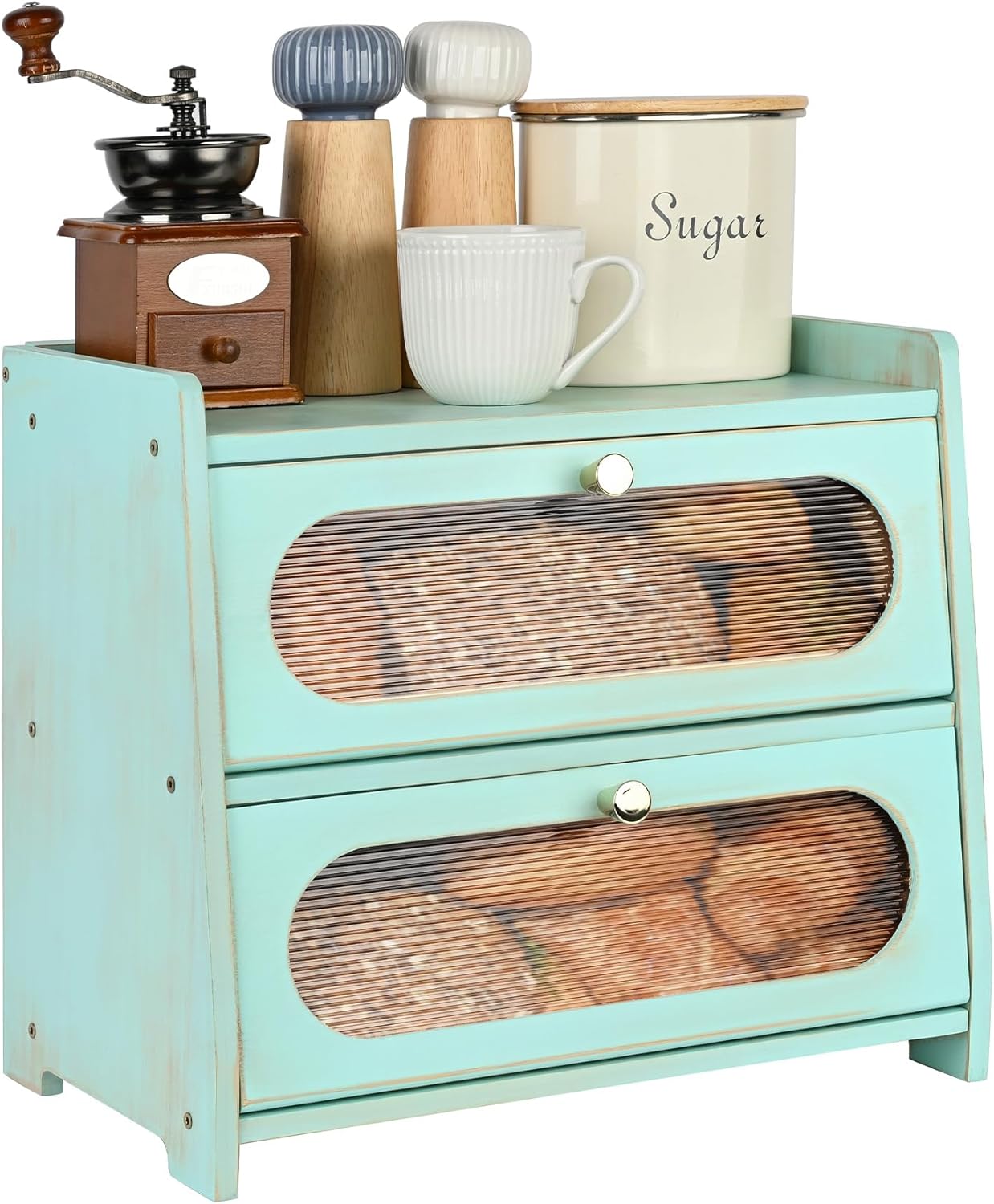 Ollieroo Vintage Double Layer Bread Box for Kitchen Countertop, Bamboo Bread Storage Container, Breadbox for Homemade Bread, Large Capacity Bread Bin(Green)