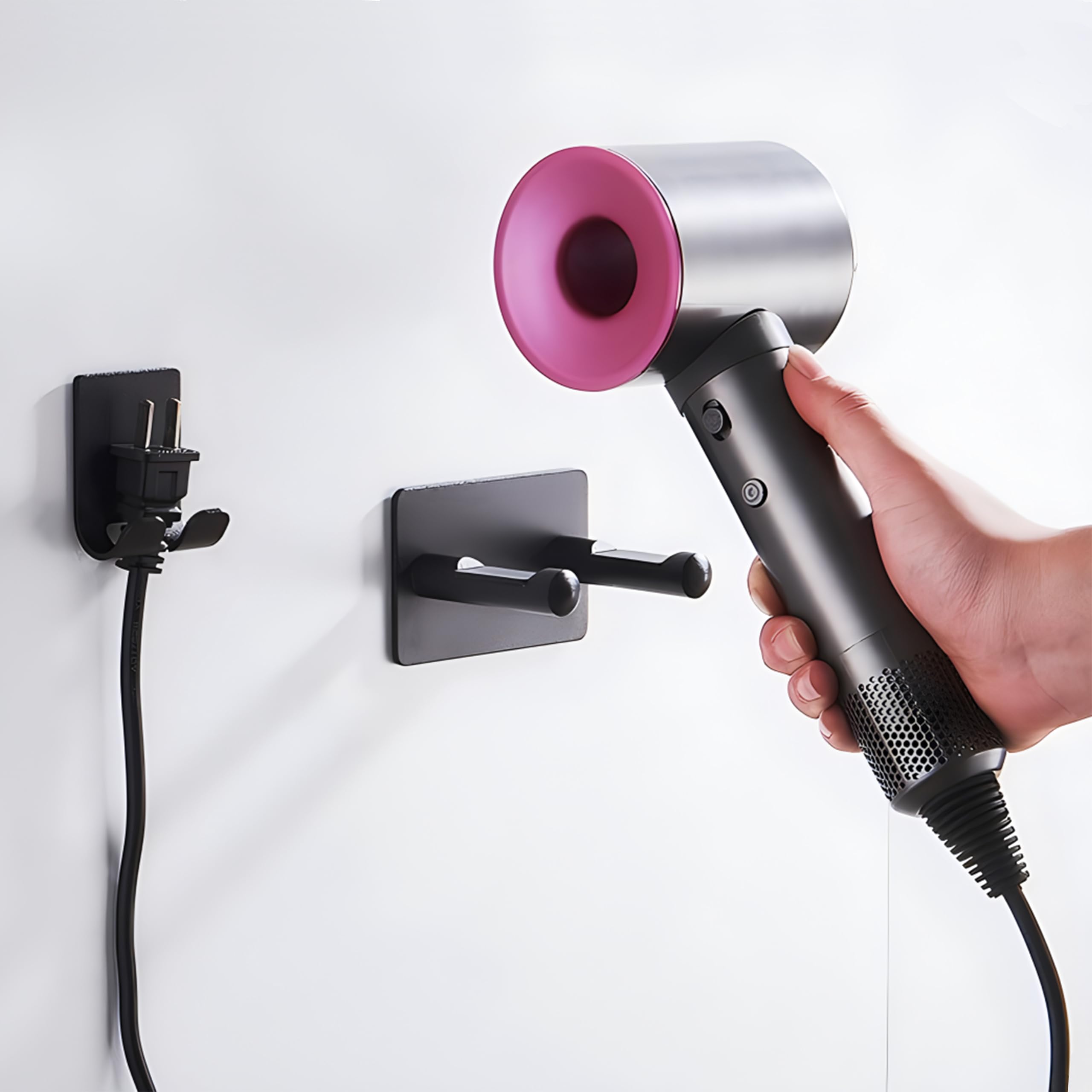 Supporto per Asciugacapelli, Porta Phon da Muro, Porta Asciugacapelli a Parete da Fissare Senza Trapano, Adatto per la Maggior Parte degli Asciugacapelli (Nero)