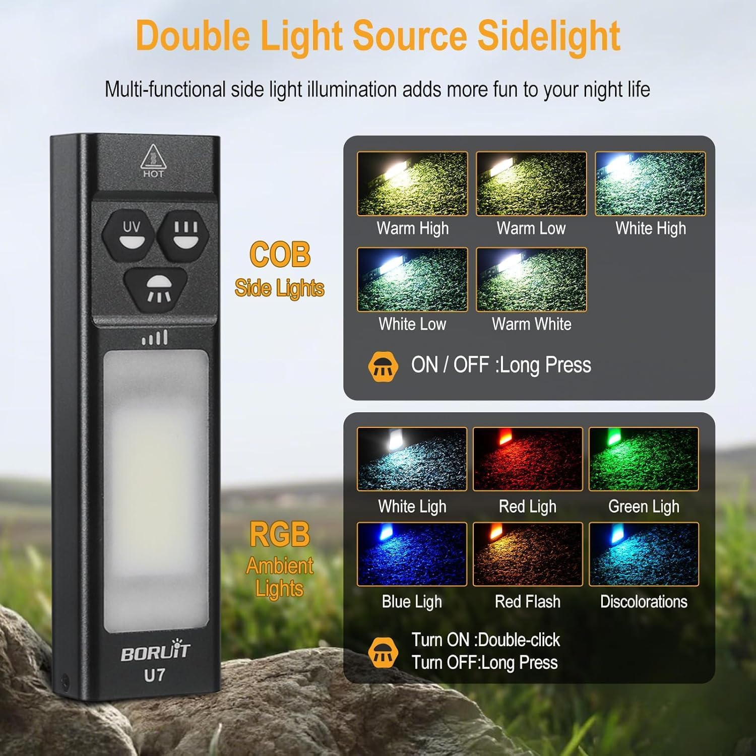 BORUIT U7 Flat Flashlight with 365nm UV, RGB Side Light, Magnetic, Clip image 5