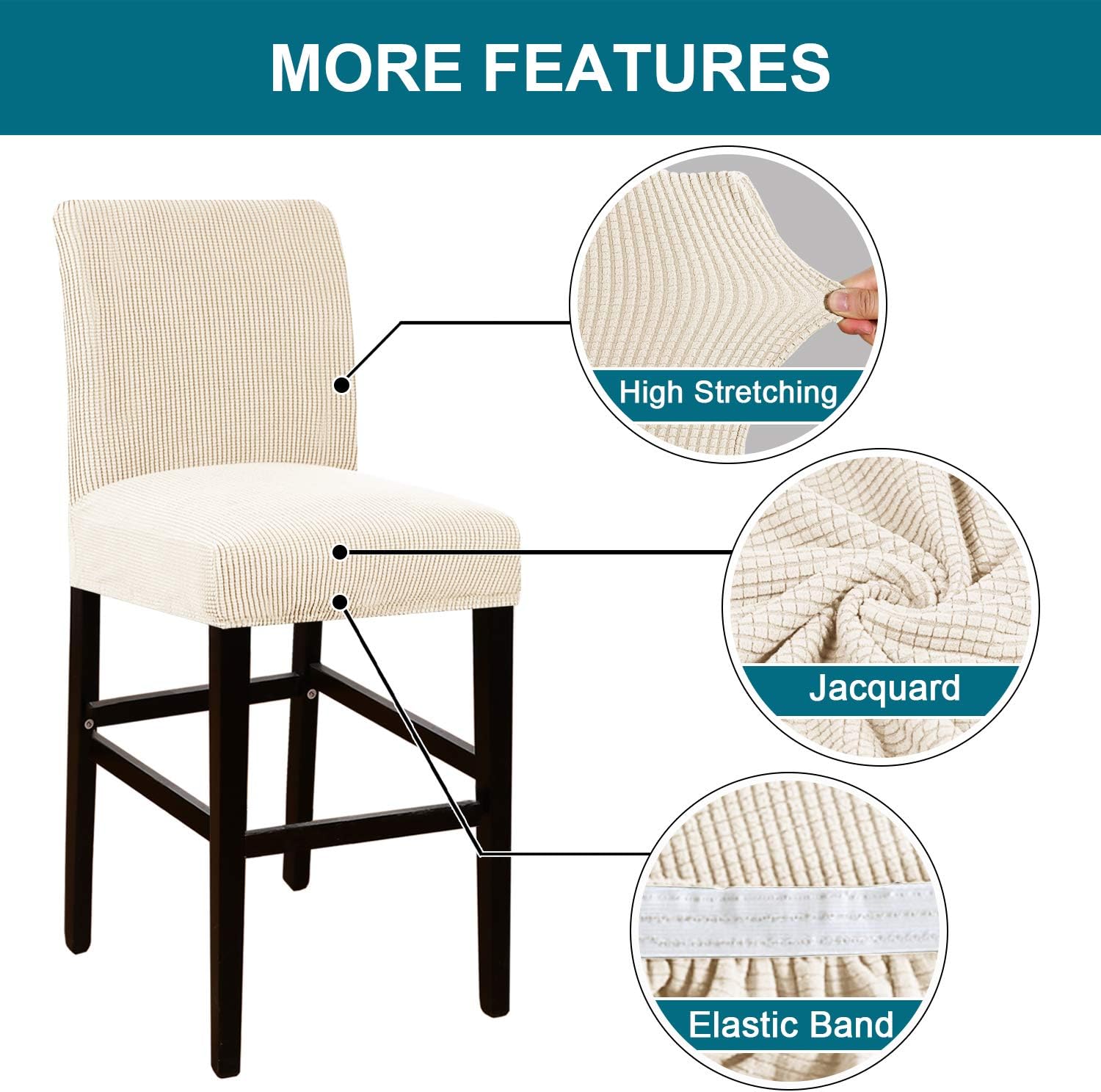 Turquoize Stretch Bar Stool Cover Counter Stool Pub Chair Slipcover for Dining Room Cafe Barstool Slipcover Removable Furniture Chair Seat Cover Jacquard Fabric with Elastic Bottom Set of 4, Natural
