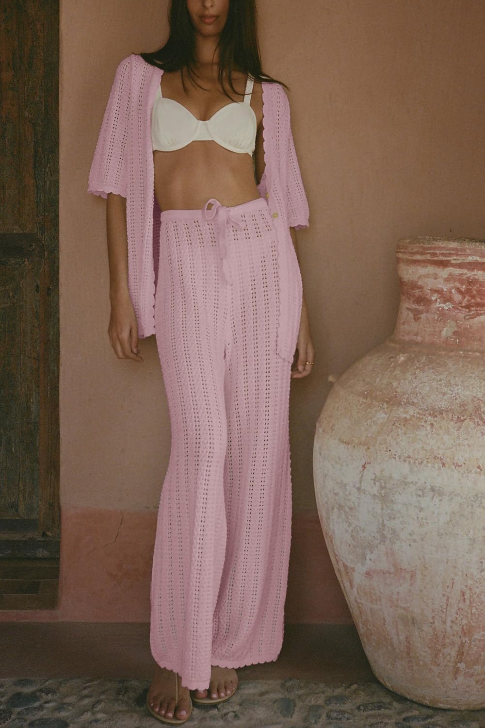 Imily Bela Women's Summer 2 Piece Swimsuit Cover up Crochet Knit Cardigan Tops Long Pants Set Bathing Suit Beach Outfit - Image 3