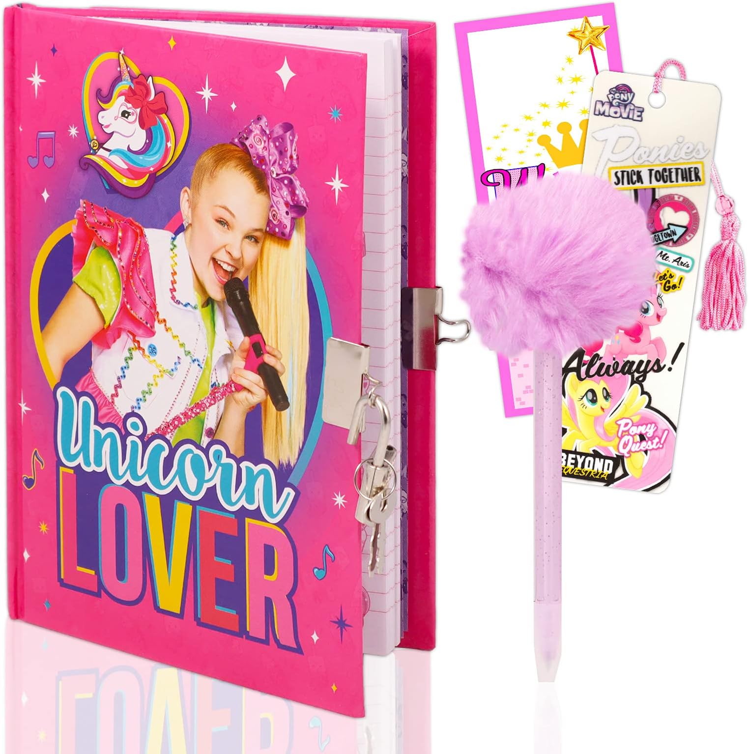 Nick Shop Jojo Siwa Diary and Pen Set ~ 3 Pc Bundle with Jojo Siwa Journal (60 Sheets) with Real Padlock and Pen, Unicorn Bookmark, and Door Hanger (Jojo Siwa Diary for Girls)