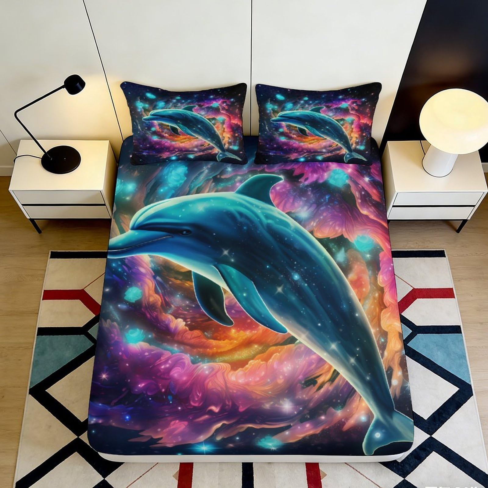 3D Printed Galaxy Starry Sky Fitted Sheet Microfiber Dolphin Cosmic Nebula Mattress Cover for Bedroom Guest Room Decor 140x200x25cm