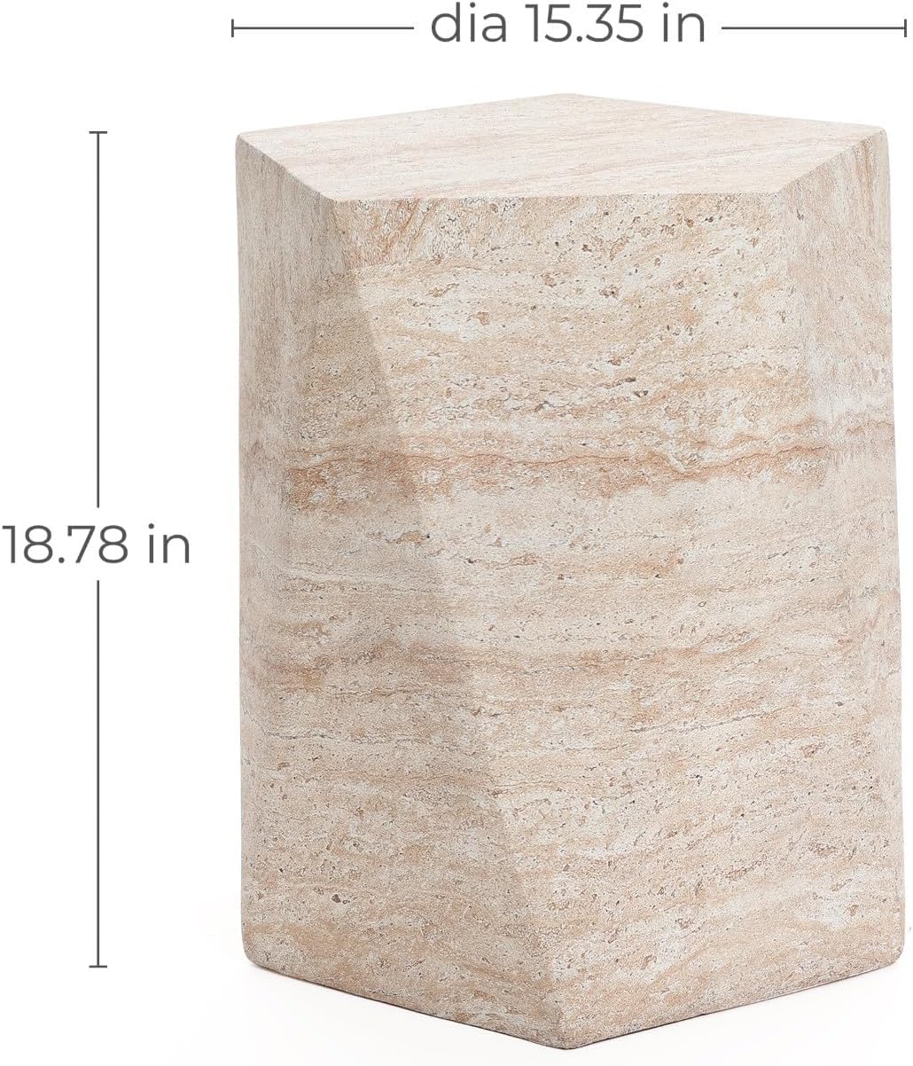 LuxenHome Outdoor Accent Side Table, 18'' Travertine-Style Irregular Textured Cement Patio End Table, Outdoor Coffee Furniture for Backyard Balcony, Modern Garden Stool for Outside