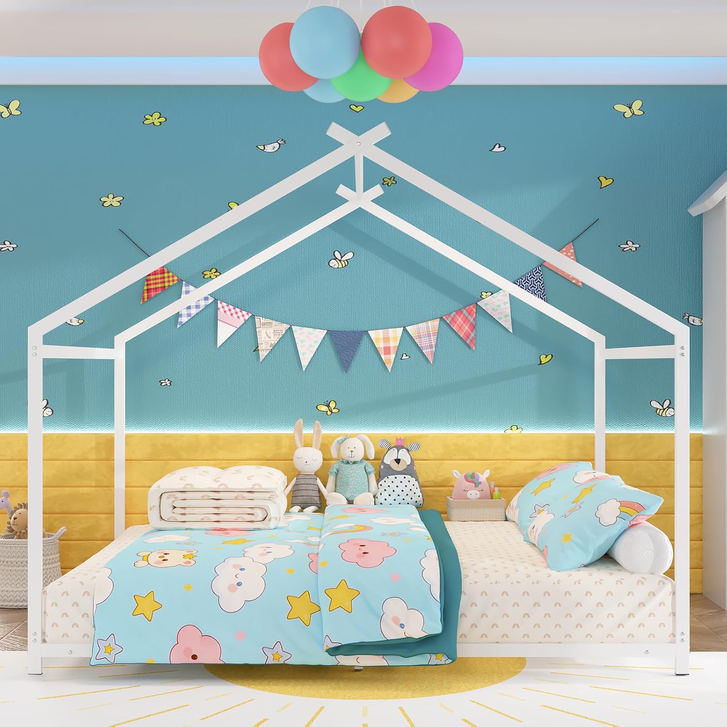 Timy House Shape Full Size Montessori House Bed Metal Floor Bed Full Bedframe for Kids No Box Spring Needed White