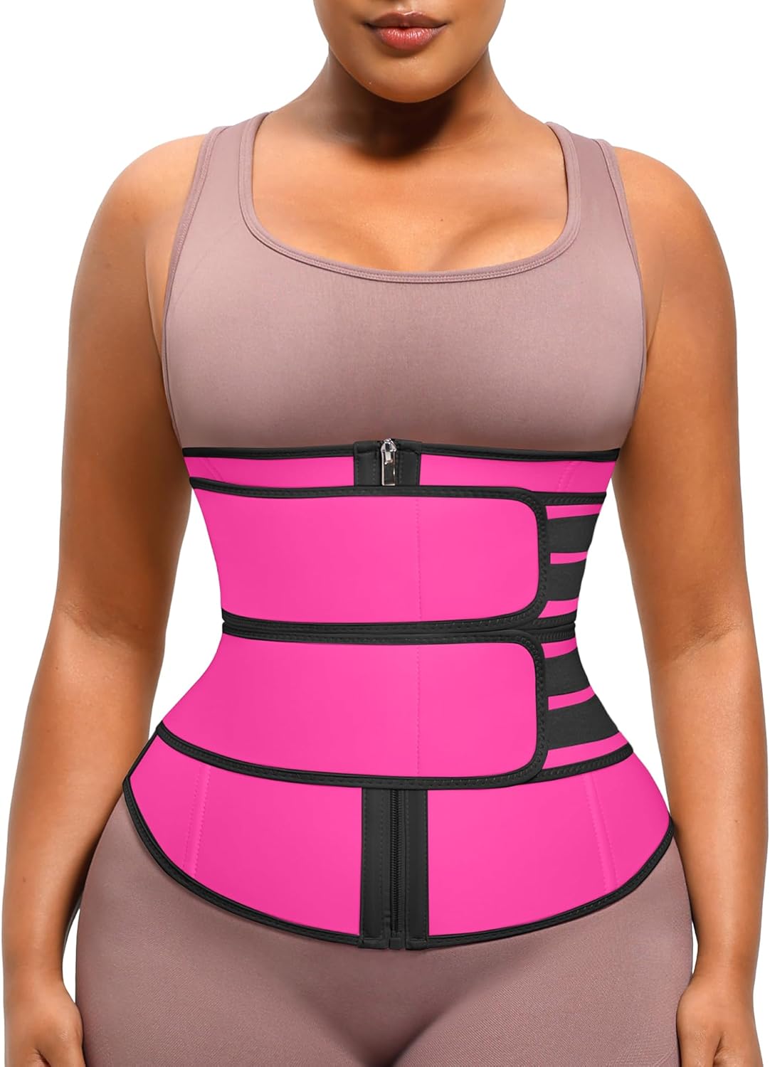 FeelinGirl Waist Trainer for Women Belly Fat Long Torso Sauna Workout 2 Belt With Zipper 7 Steel Bones Corset