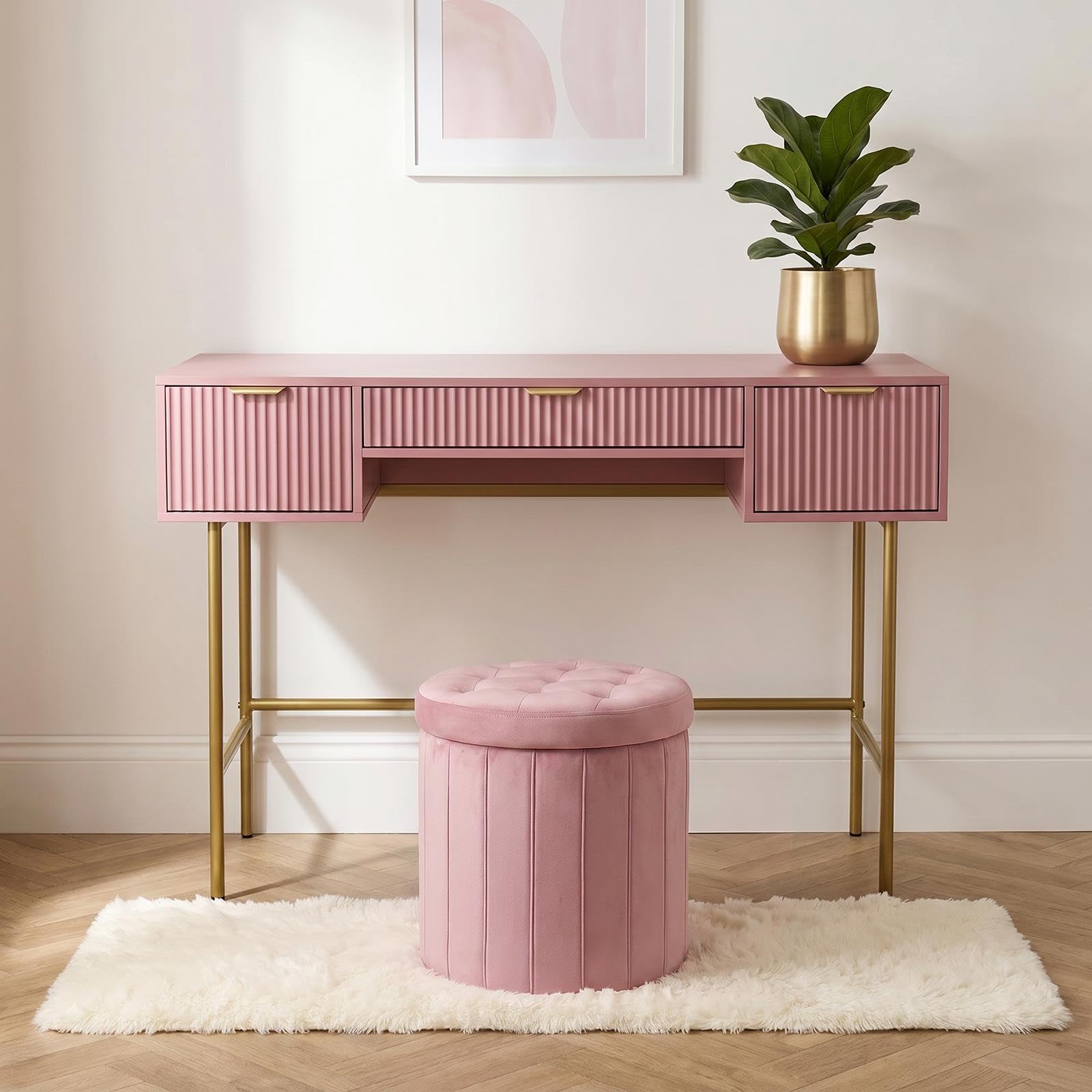 OHS Wooden Dressing Table Ribbed, Vanity Table with 3 Drawers - Blush Pink