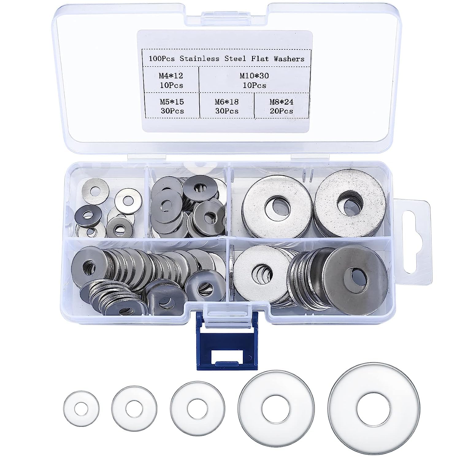 Flat Washers, 100 Pcs Stainless Steel Flat Washers Assortment Kit, Fender Washers for Screws