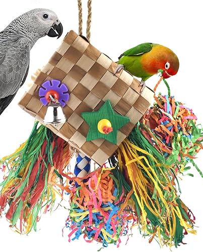 Bissap Juguetes para masticar pájaros, trituradora de forraje de loro, palmera natural, jaula colgante de juguete para conure Lovebird Budgie