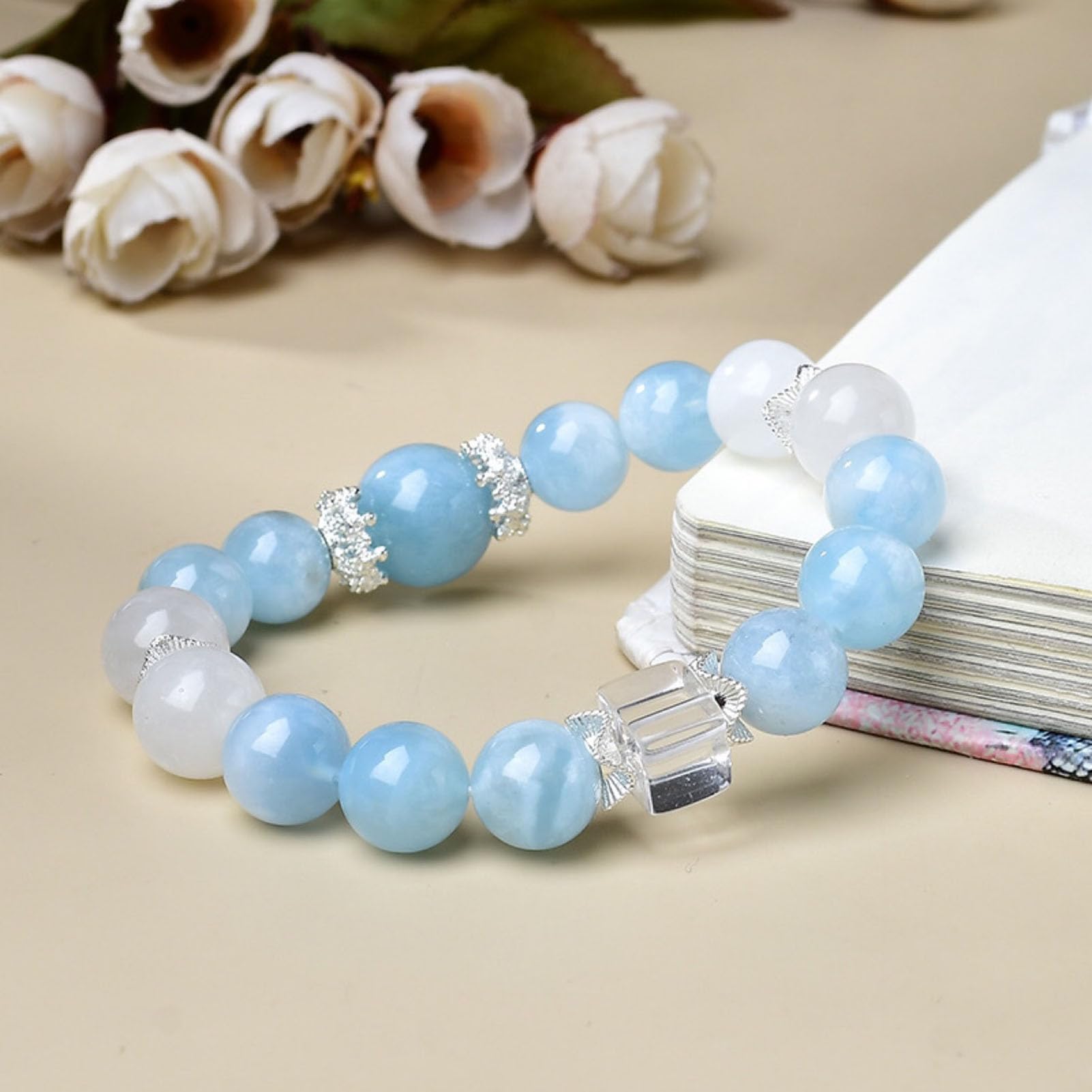 Bracciale naturale con pietra preziosa acquamarina, perline di pietra lisce | Bracciale per meditazione Reiki, gioielli con perline in pietra naturale, perline rotonde lisce in pietre preziose
