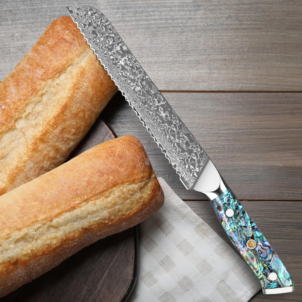 KEENZO Bread Knife,8 inch Multifunction Serrated Knife,Razor Sharp Professional Damascus Steel Cooking Slicer for Homemade Bread, Cake,Full Tang Ergonomic Abalone Shell Resin Handle,Gift Box