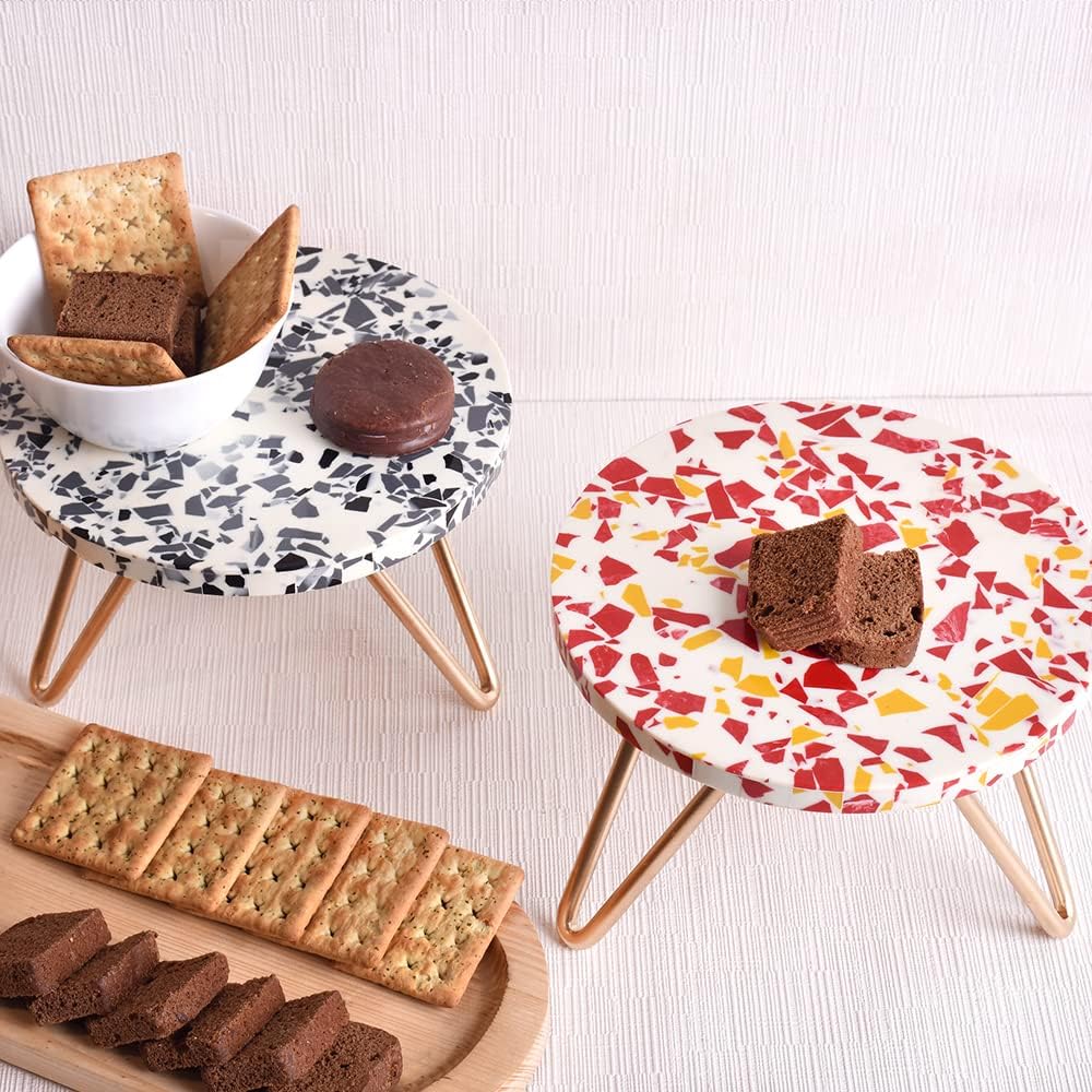 Indian Shelf Cake Stand Wooden | Wood and Resin Farmhouse Plant Stand | Terrazzo Reusable Cheese Dessert Fruit Serving Stand [Red and Black, 2 Pack]