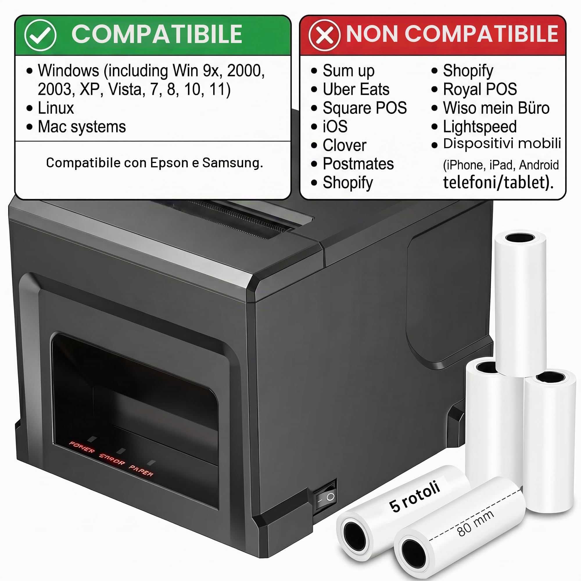 Stampante termica USB da 80 mm per ricevute di cassa – velocità massima di 300 mm/s, alimentazione auto, facile configurazione Windows per gastro e vendita al dettaglio (POS)