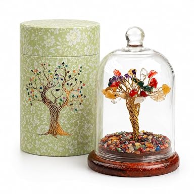 SPHINX Chakra Crystal Money Tree Bonsai with Golden Potli (Wealth Bag) Base – Healing Gemstone Tree for Wealth, Prosperity Positive Energy Feng Shui Good Luck Decor Gift (7x3 Inch)- (Glass Dome)