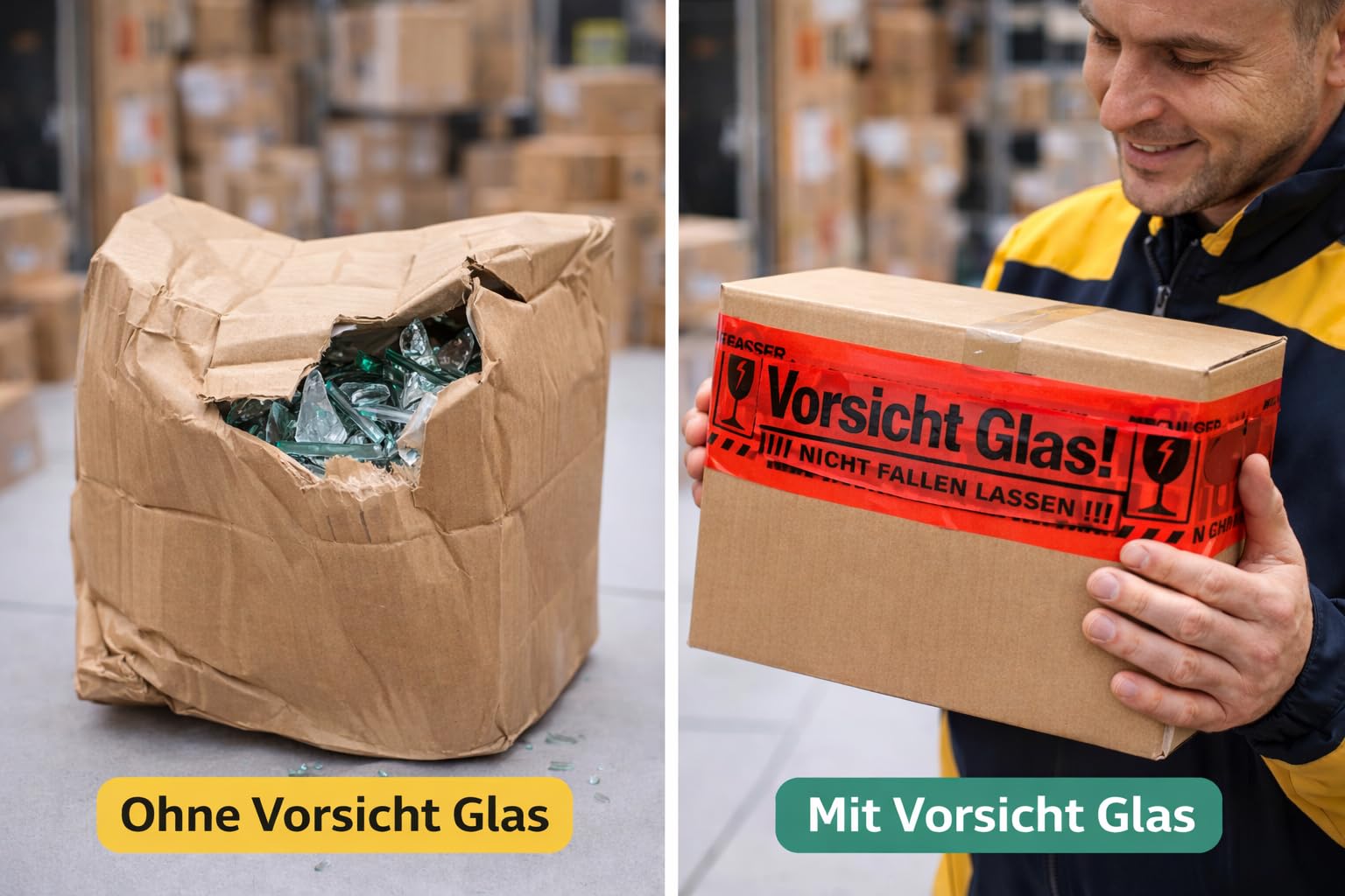 Bayli 72 Rollen Verpackungsband Vorsicht Glas 48mm x 66m – stark haftendes Klebeband für Logistik