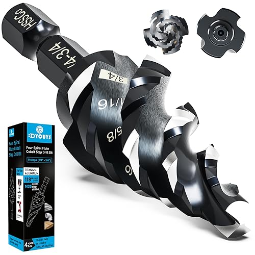 M35 - Juego de brocas de cuatro pasos de flauta en espiral, 14 a 34 pulgadas (9 tamaños), vástago hexagonal de 14 de pulgada, broca escalonada de