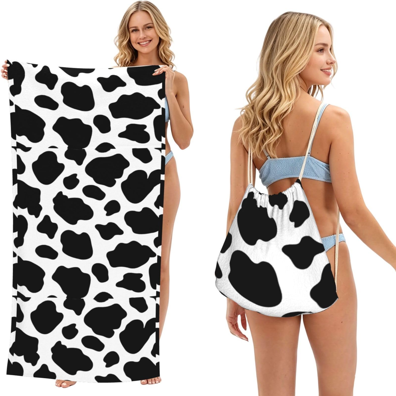 Poadnly As Picture Cow Spots, 2 In 1 Packable Towel Bag, Beach Towels With Drawstring Backpack For Travel Holiday Camping