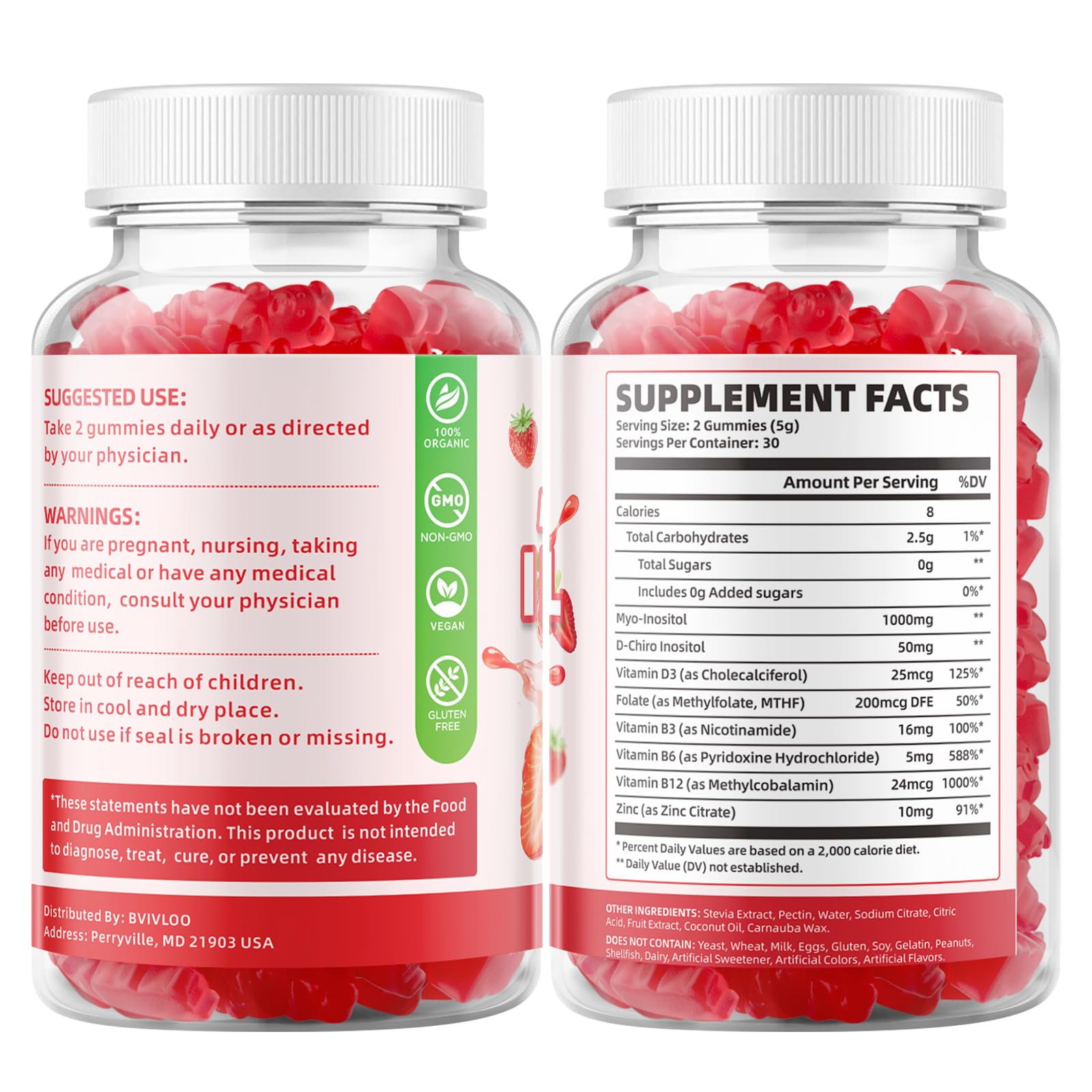 Myo-Inositol & D-Chiro-Inositol Gummies with Vitamin D3, Magnesium Glycinate, Folate & Zinc, Inositol Supplement for Female Health, Sugar Free, Strawberry Flavor, 60 Count — Amazon image 8