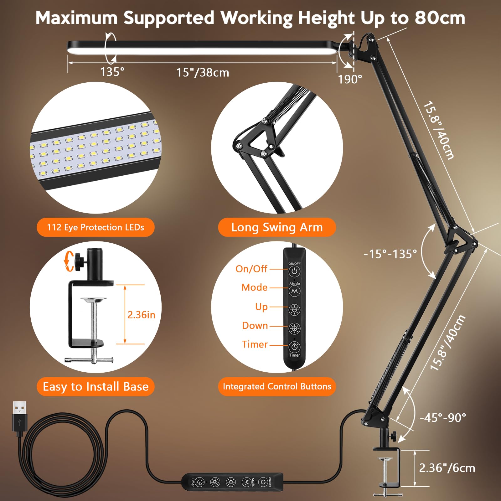 BIENSER New LED Desk Lamp with Clamp, 11 Brightness Levels, 5 Color Modes, 45min Auto Timer, Bigger Swing Arm - Image 4