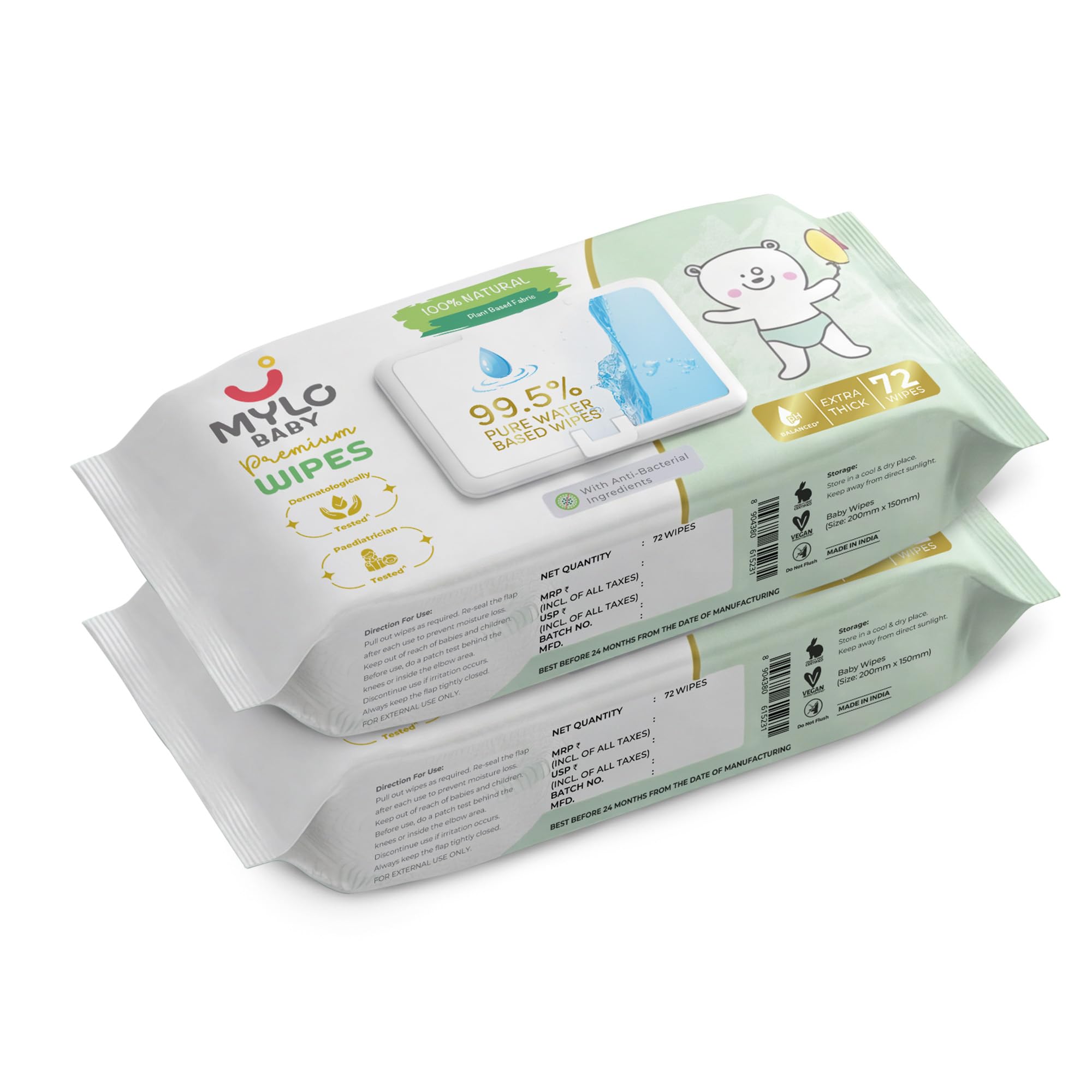 Mylo Baby 99.5% Pure Water Based Wipes, 4X Thicker Cotton Fabric, Unscented with 30% Extra Hydration, 72 Wipes Each - Pack of 2-image-34