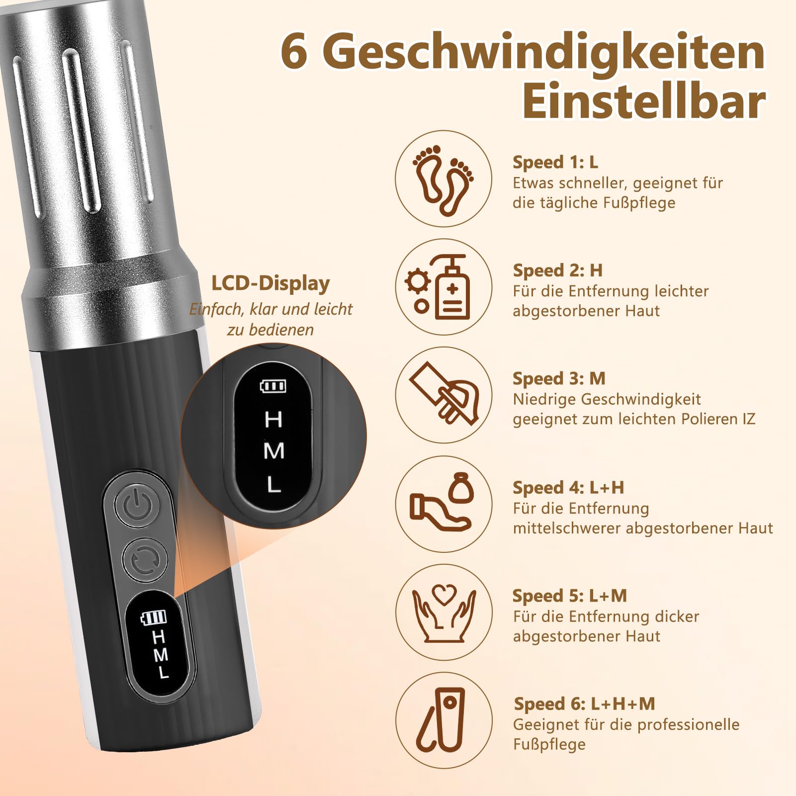 Dermaglide - Eliminador de callos eléctrico 2 en 1 para pedicura, con pantalla LCD de 6 velocidades ajustables, Dermaglide para talones agrietados y durezas (gris plateado)