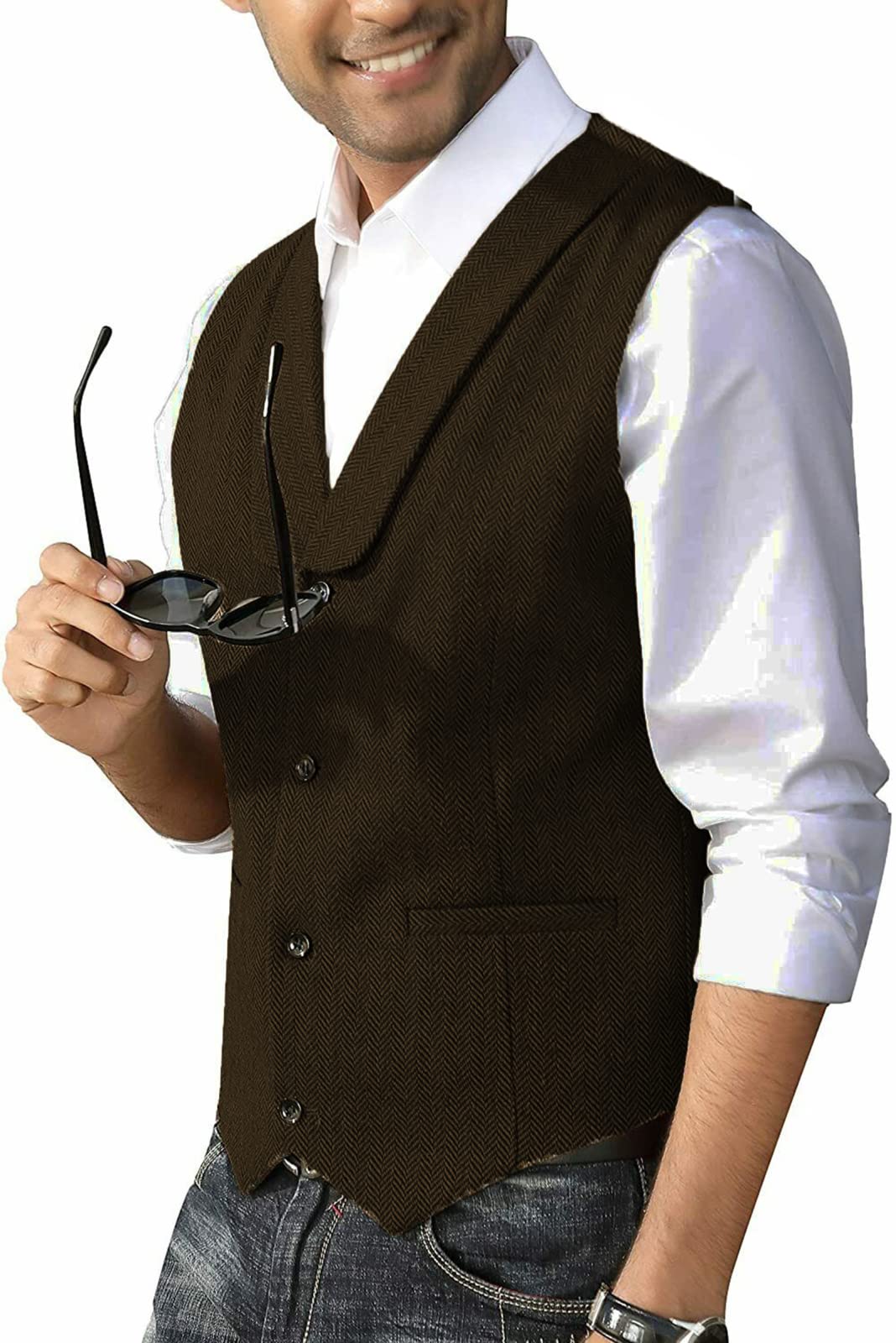 Herren Anzugweste - Herbst Casual Anzug Weste Schal Revers Einreiher Tweed Weste Mit Fischgrätenmuster Formelle Hochzeit Mit Taschen Weste