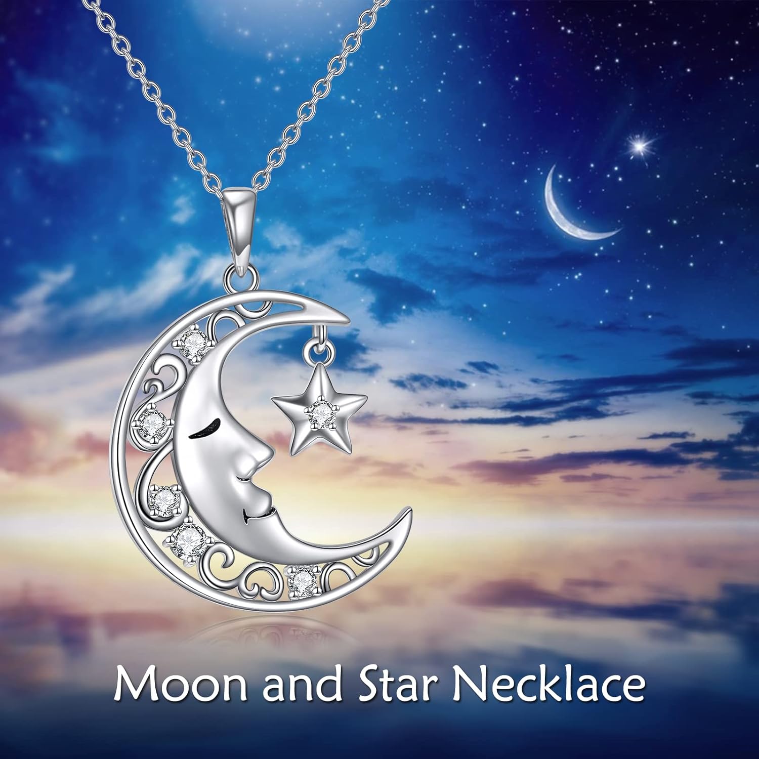 VONALA Moon Necklace 925 Sterling Silver Moon Star Pendant Crescent Moon Charm Necklace Jewelry Gift for Women - Image 6