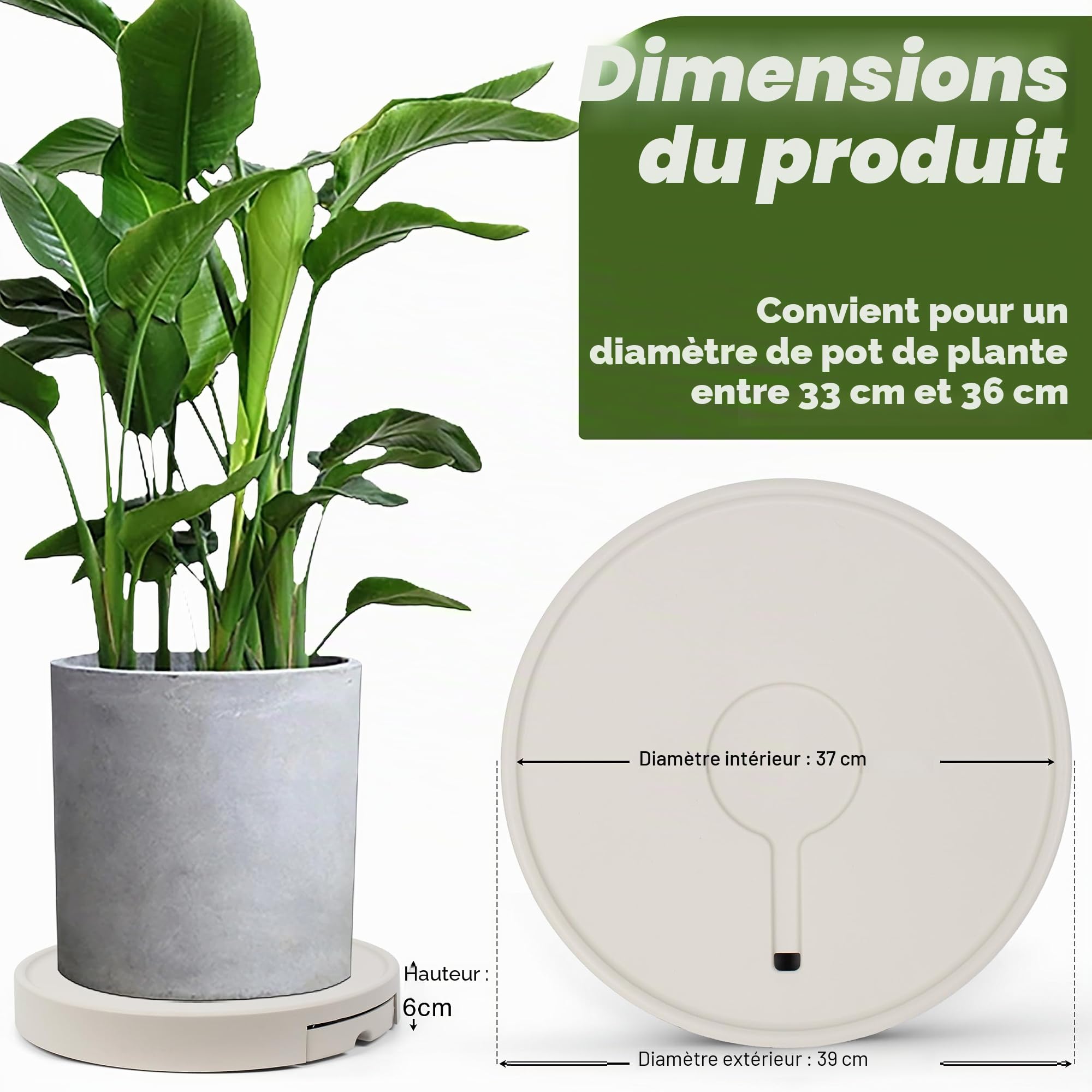 Support pour plantes avec roulettes invisibles pour jardin intérieur/extérieur 370 mm Blanc laiteux Capacité de poids maximale 200 kg (2 pièces)