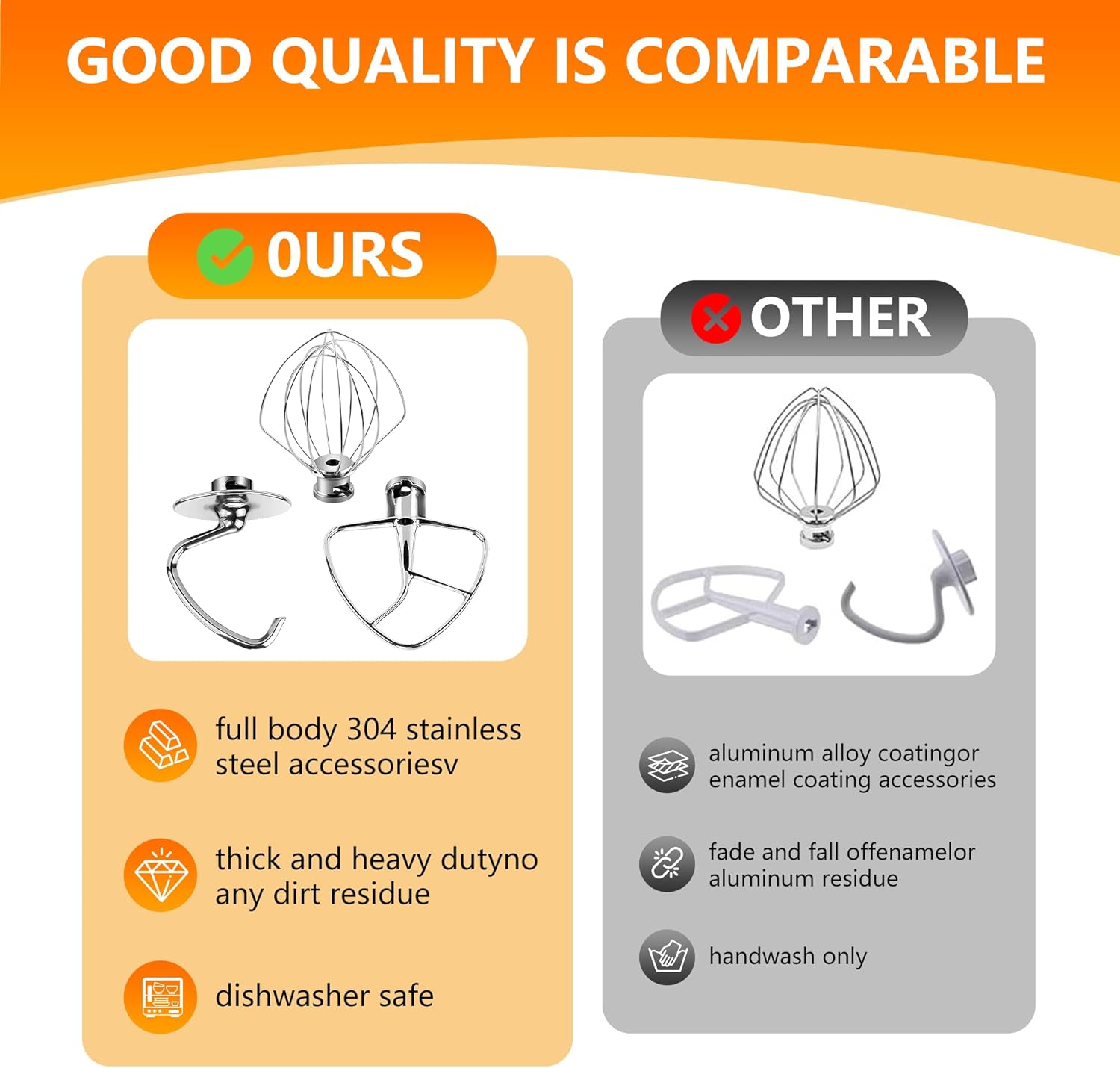 Compatible with KitchenAid blender accessories, including an egg beater, a kneading hook and a flat paddle. It has a storage hook and a scraper and can be placed in the dishwasher.