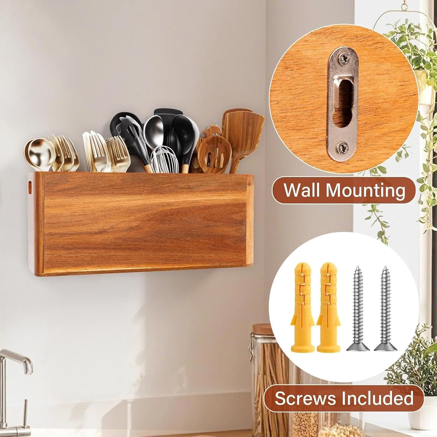 Wooden Kitchen Utensil Rack – 2/3/4 compartment cutlery storage, farmhouse countertop organizer, acacia wood utensil jar | stylish design for spoons spatulas kitchen countertop home use