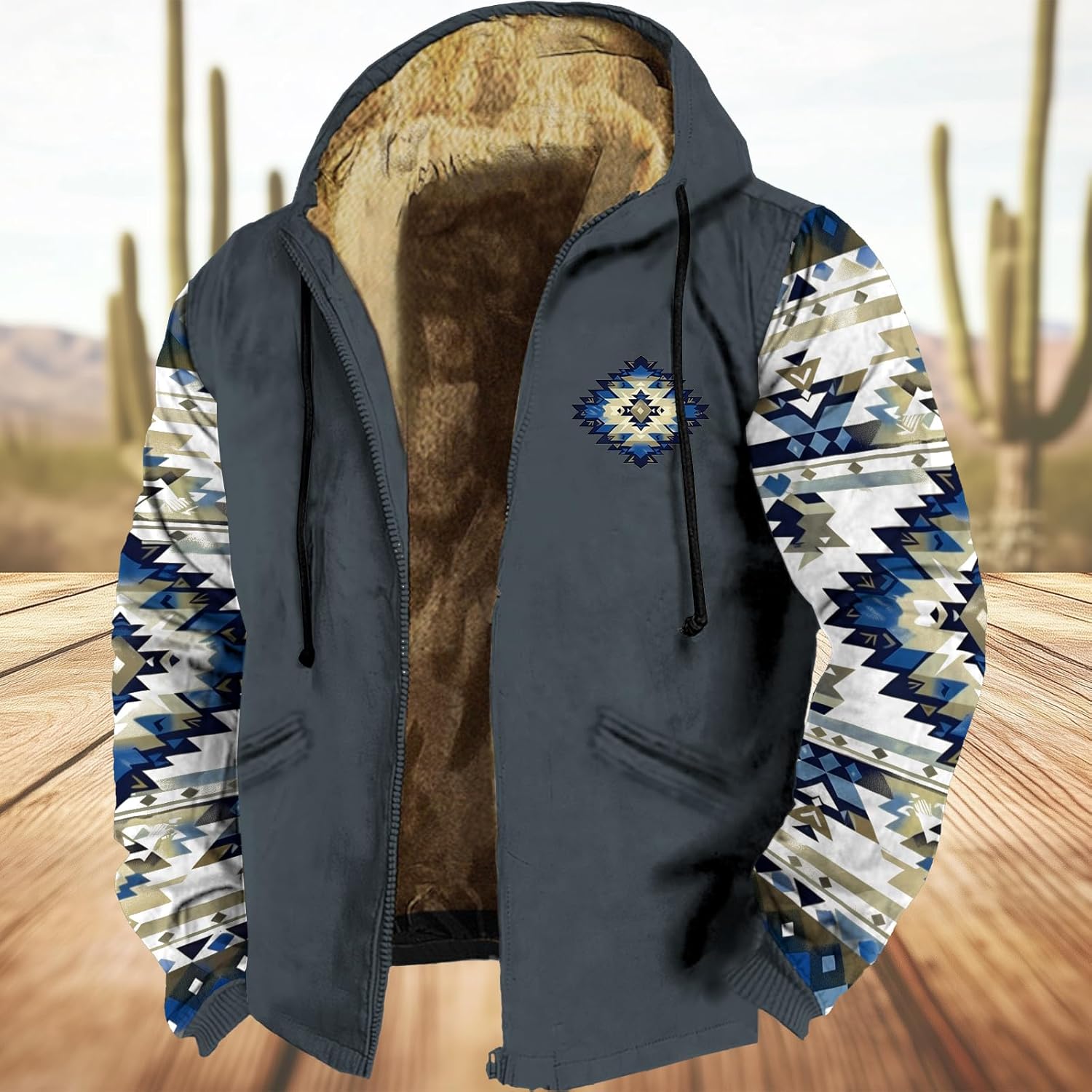 LOAIHA Western Jackets for Men Fleece Lined Aztec Hoodie Zipper Graphic Winter Long Sleeve Cowboy Coat with Pockets - Image 2