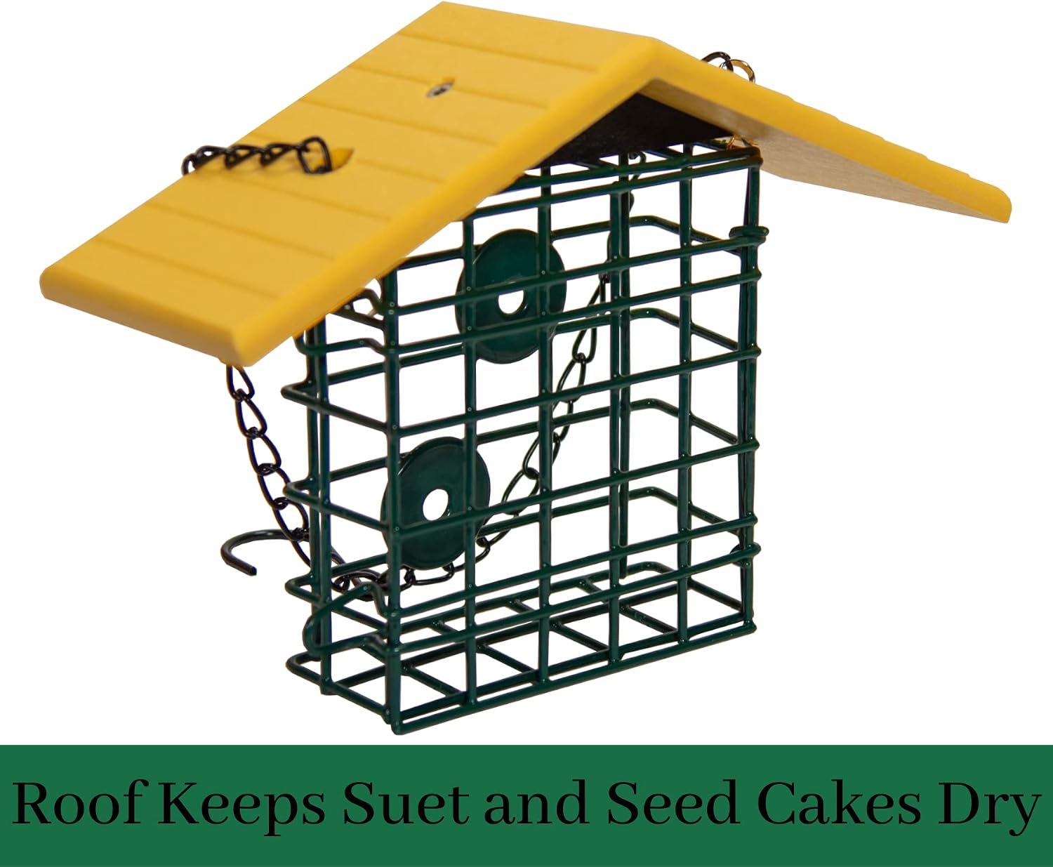 JCs Wildlife Single Suet Cage Bird Feeder with Poly Lumber Roof - Holds Suet, Seed Cakes, Fruit, and Nesting Material - Holds 1 Suet Cake (Yellow)