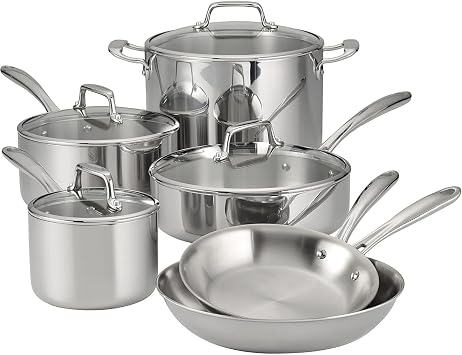 Tri-ply Clad Stainless Steel 10-piece Cookware Set with Glass Lids, Pots and Pans Kitchen Set, Induction-ready, Dishwasher-safe10-Piece/Stainless Steel