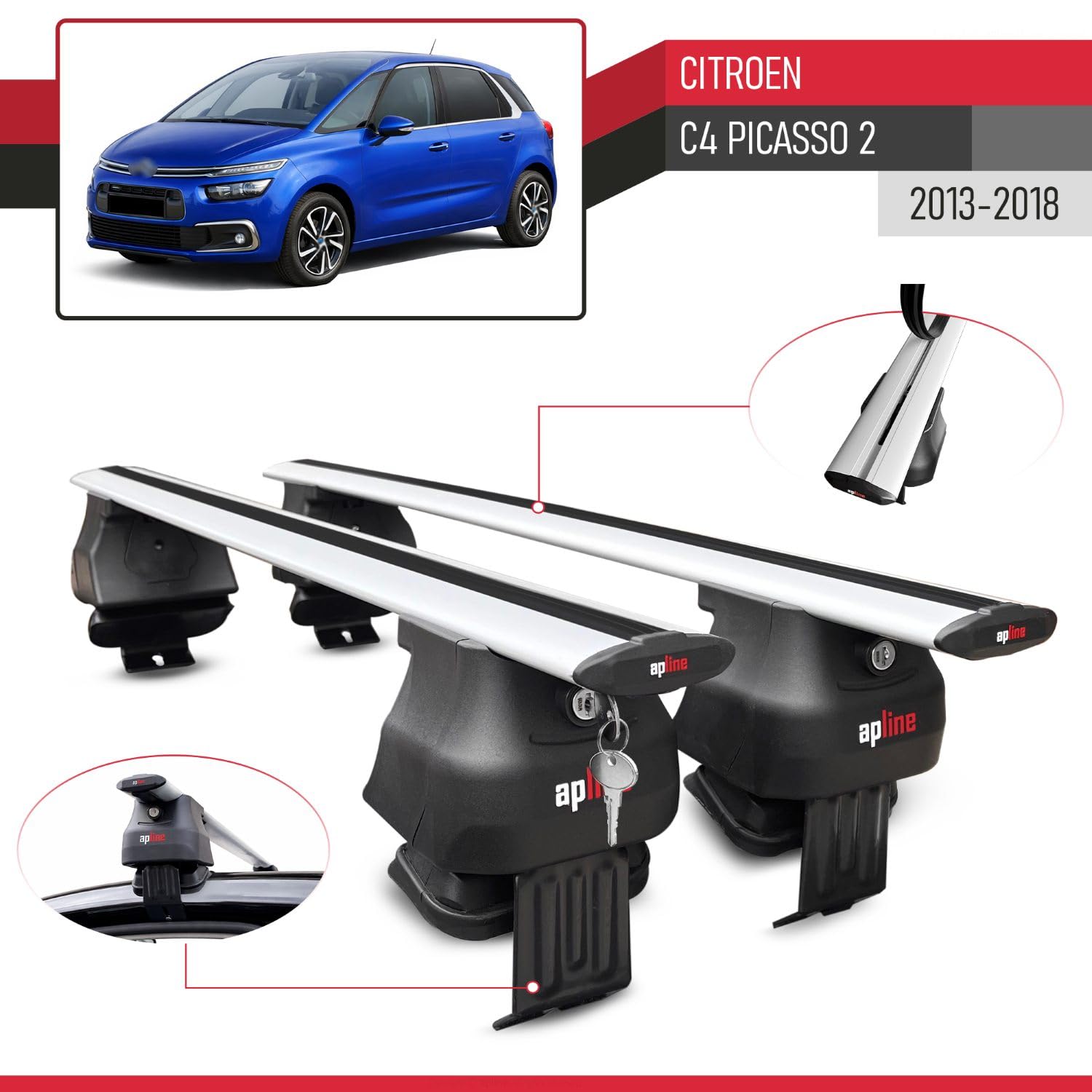 Kompatybilny z Citroen C4 Picasso 2 2013-2018 ACE-4 Model Aluminiowy bagażnik dachowy 2 poprzeczki, szary