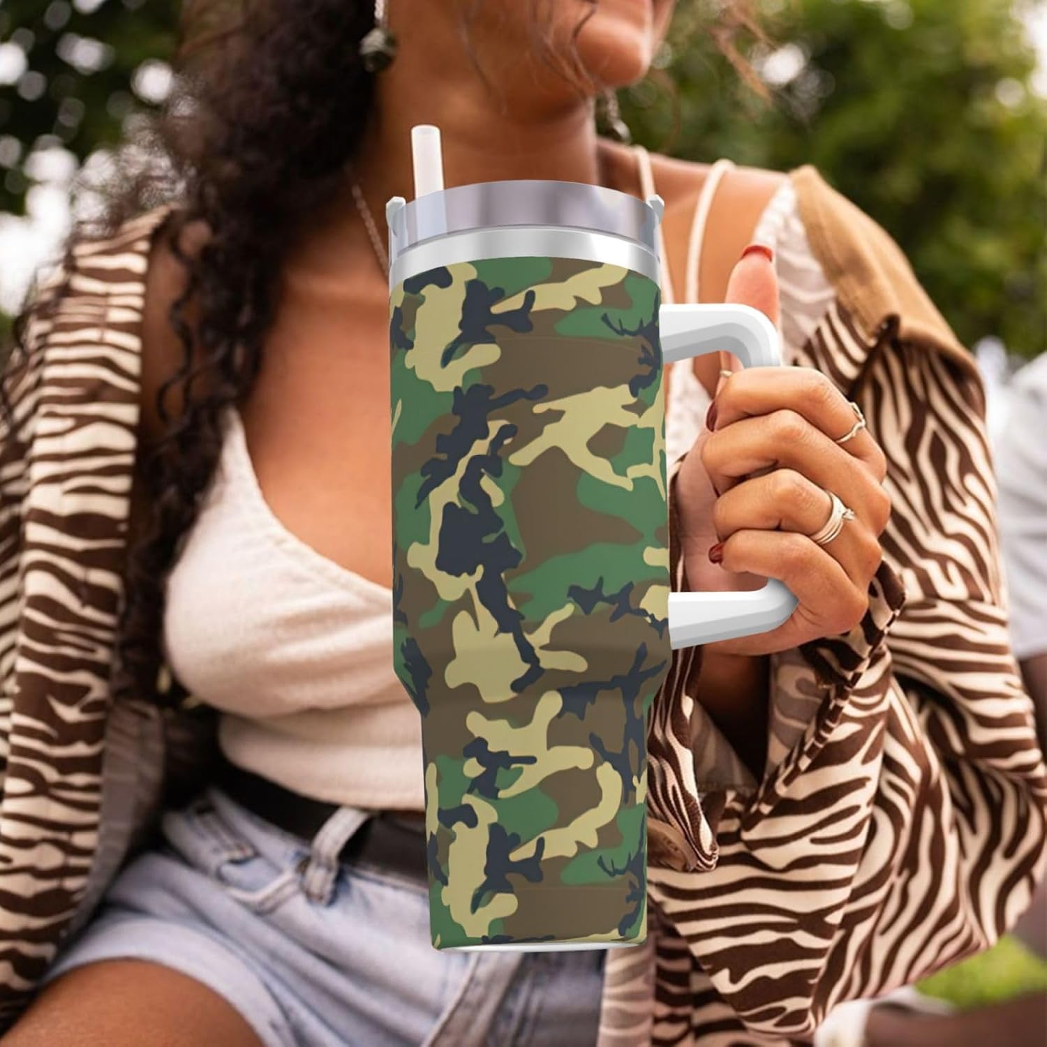 40 OZ Green Military Camo Print Ice Bully Cup with Handle Straw Lid Straw,Stainless Steel Tumbler Coffee Cup