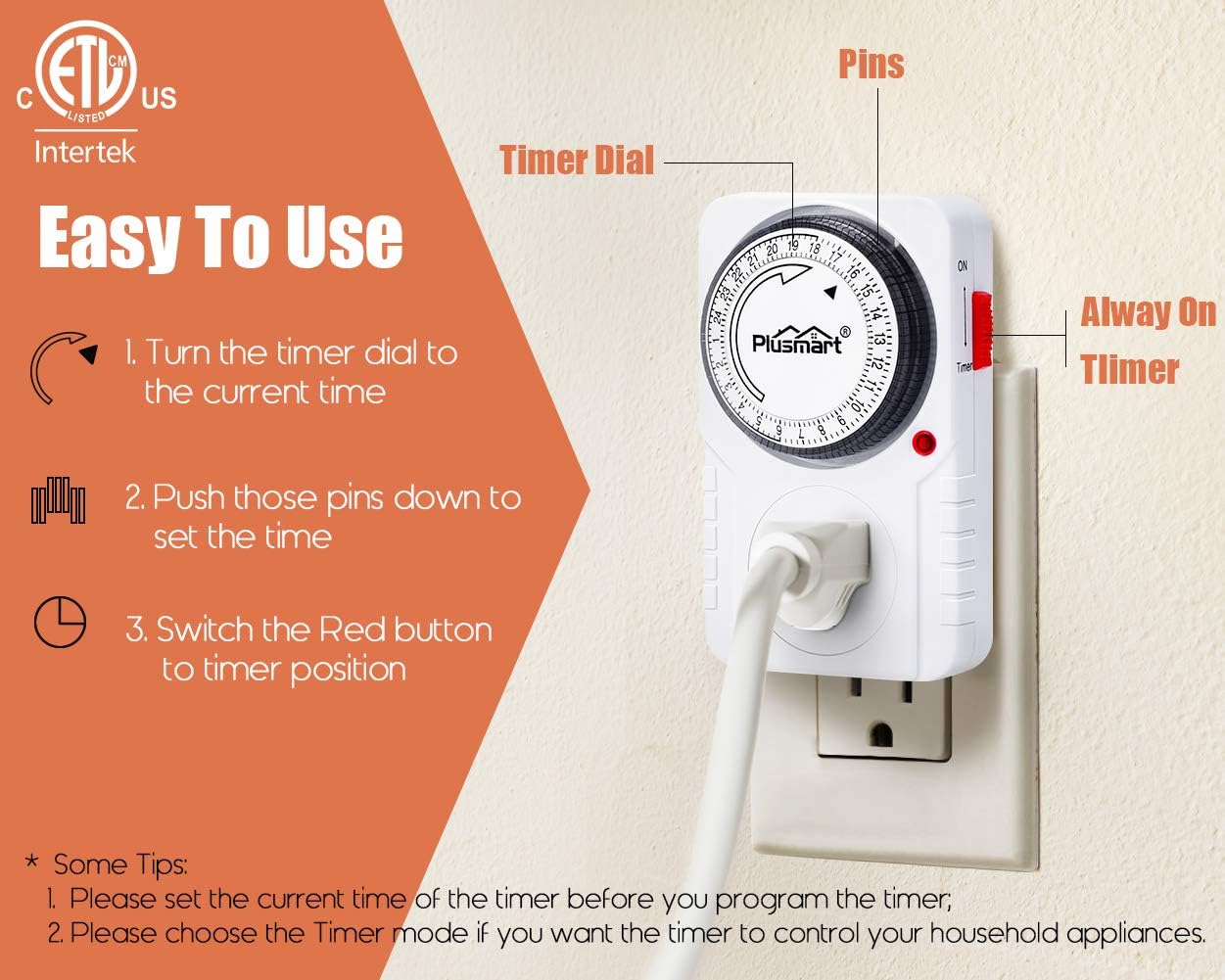 PlusMart 24 Hours Mechanical Timer Plug in 3-Prong Grounded Timer Outlet, for Lights, Fans, Electical outlets, 2-Pack, ETL Listed : Tools & Home Improvement