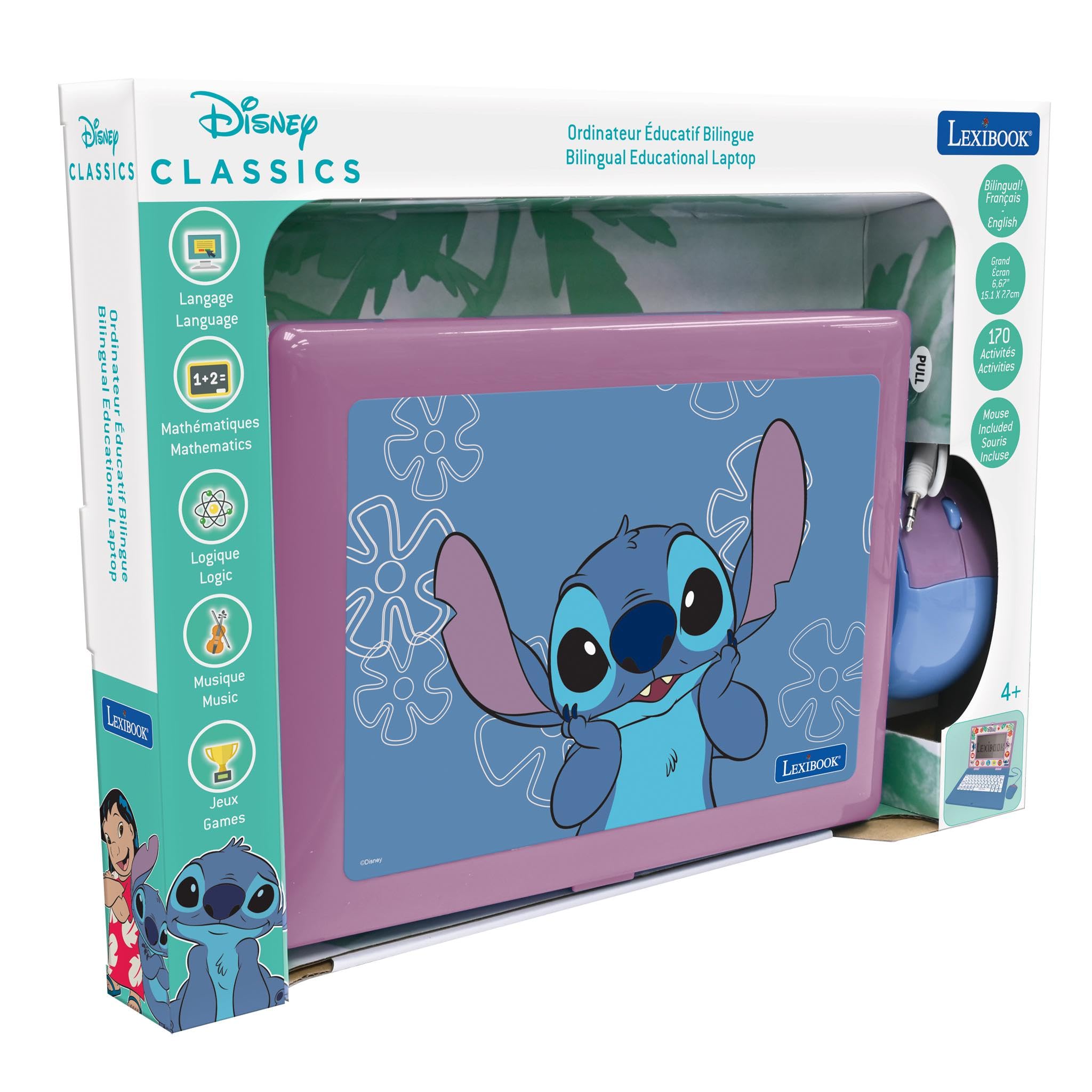 Lexibook, Disney Stitch, francuski/angielski dwujęzyczny laptop edukacyjny, zabawka dla dzieci, 170 zajęć do nauki, gier i muzyki, duży ekran, niebieski/fioletowy, JC599Di1LXB