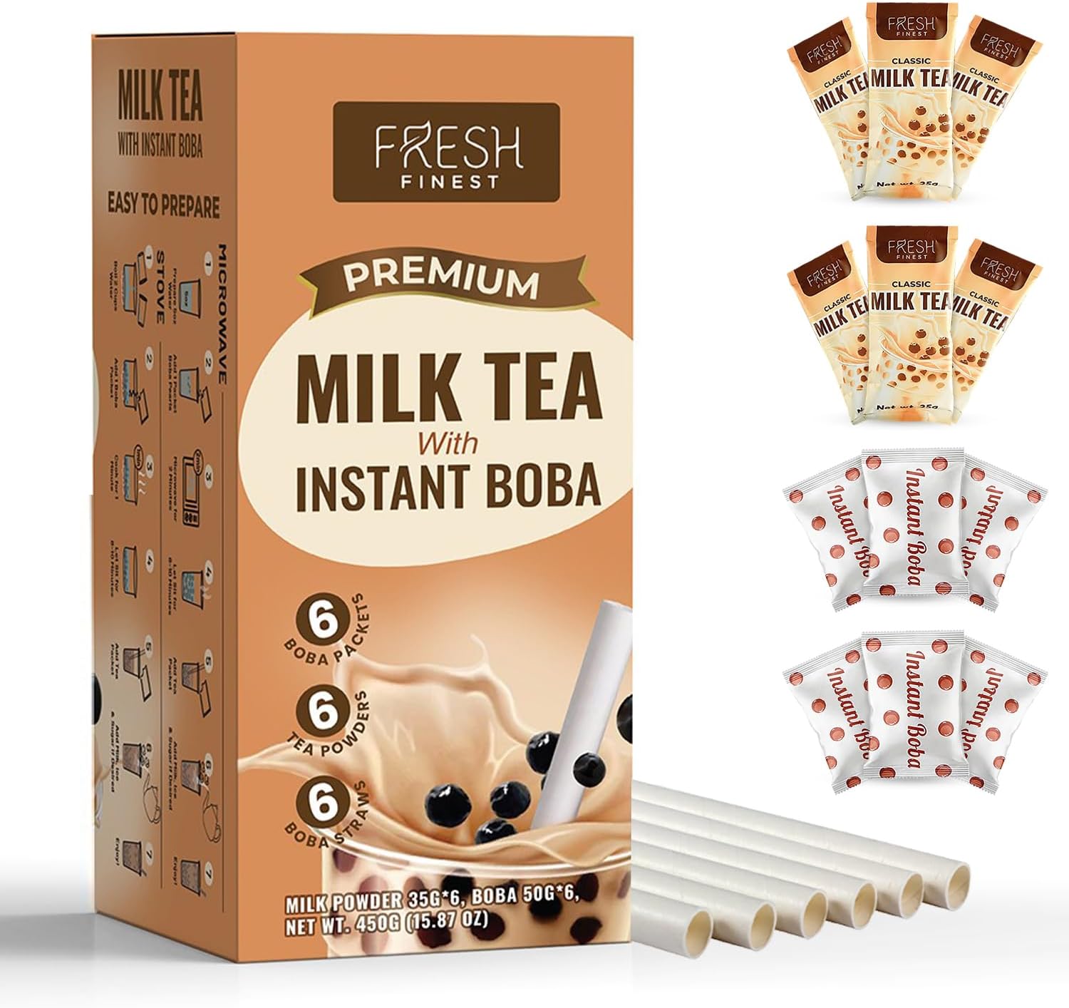 Fresh Finest Milk Tea with Instant Boba + 6 Boba Straws 6