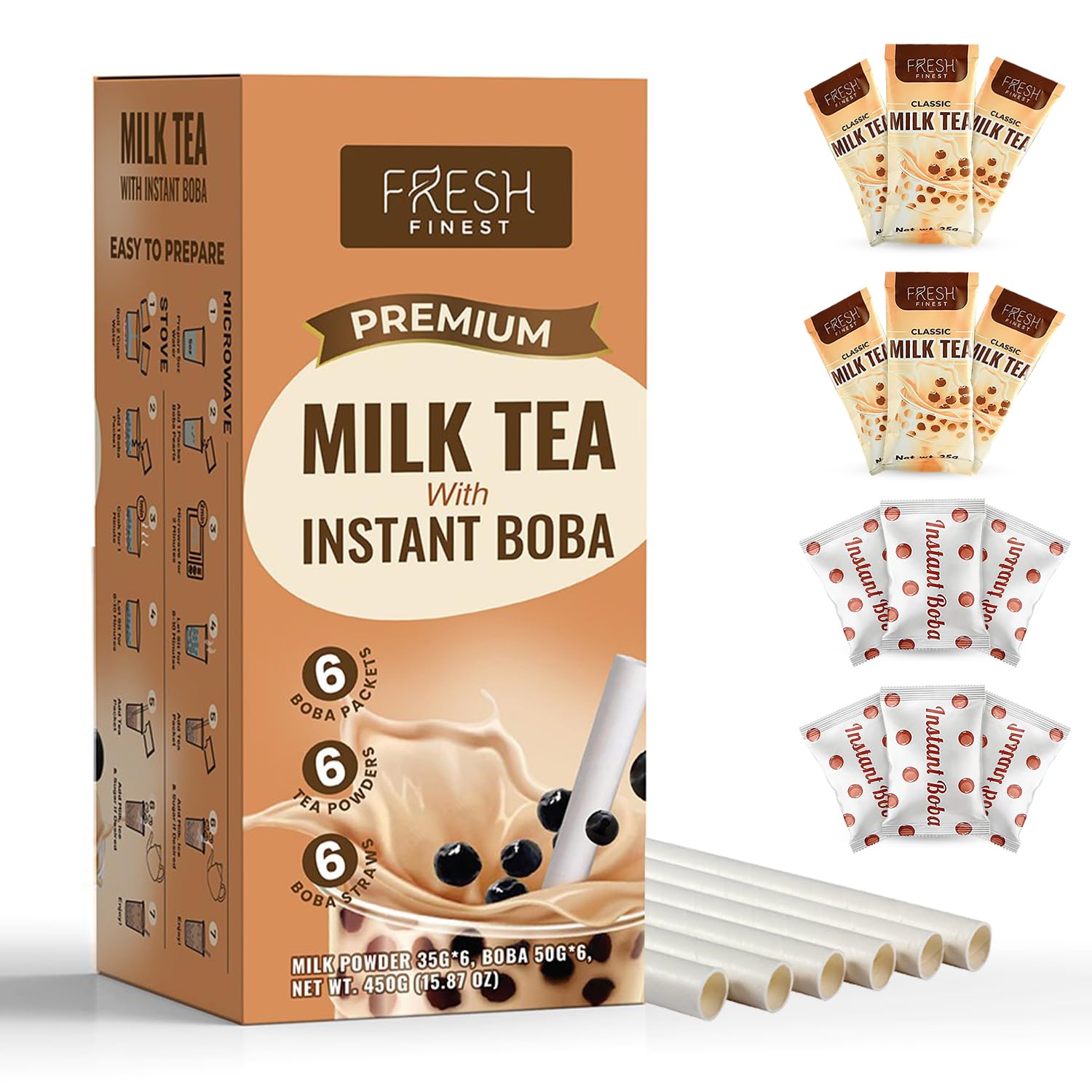 Fresh Finest Milk Tea with Instant Boba + 6 Boba Straws 6
