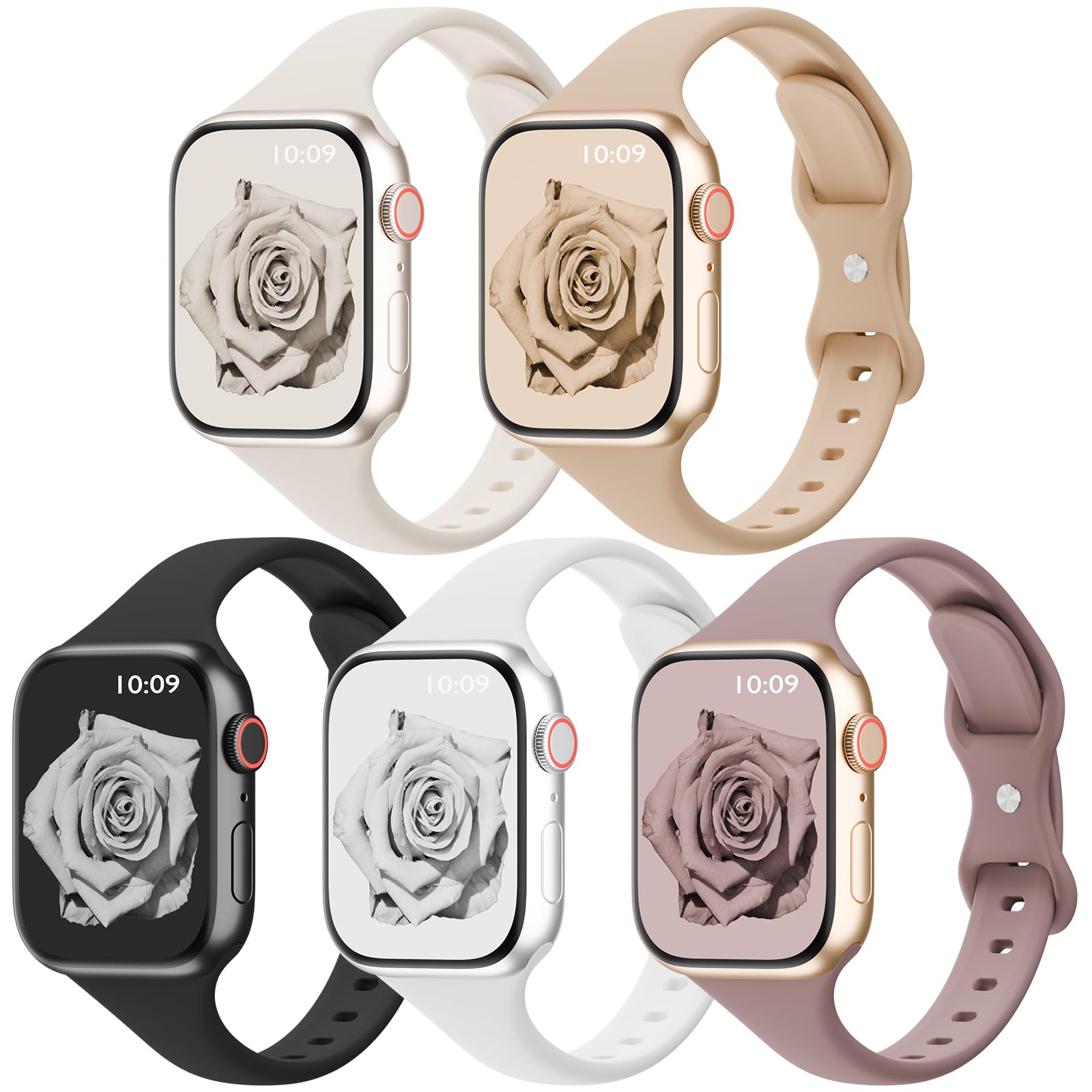 5 Pack Silicone Slim Bands Compatible with Apple Watch Band 38mm 42mm 40mm 44mm 41mm 45mm 46mm 49mm, Soft Narrow Sport Thin Strap for iWatch Ultra 3 2