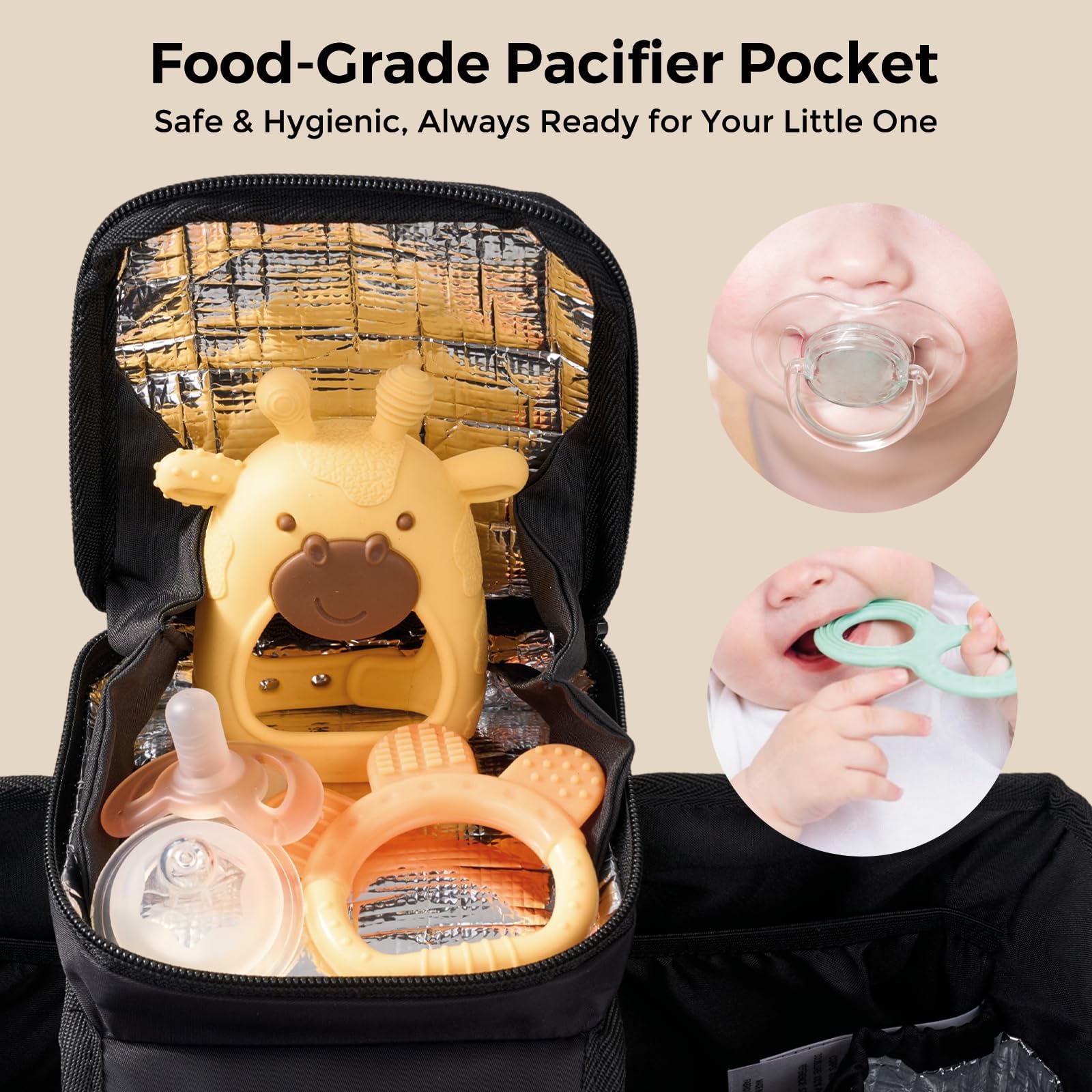 Momcozy Organiseur de poussette extra large | avec sac de dentition de qualité alimentaire | 2 porte-gobelets isothermes | sangles antidérapantes en silicone | utilisation à 3 voies | Petite pochette