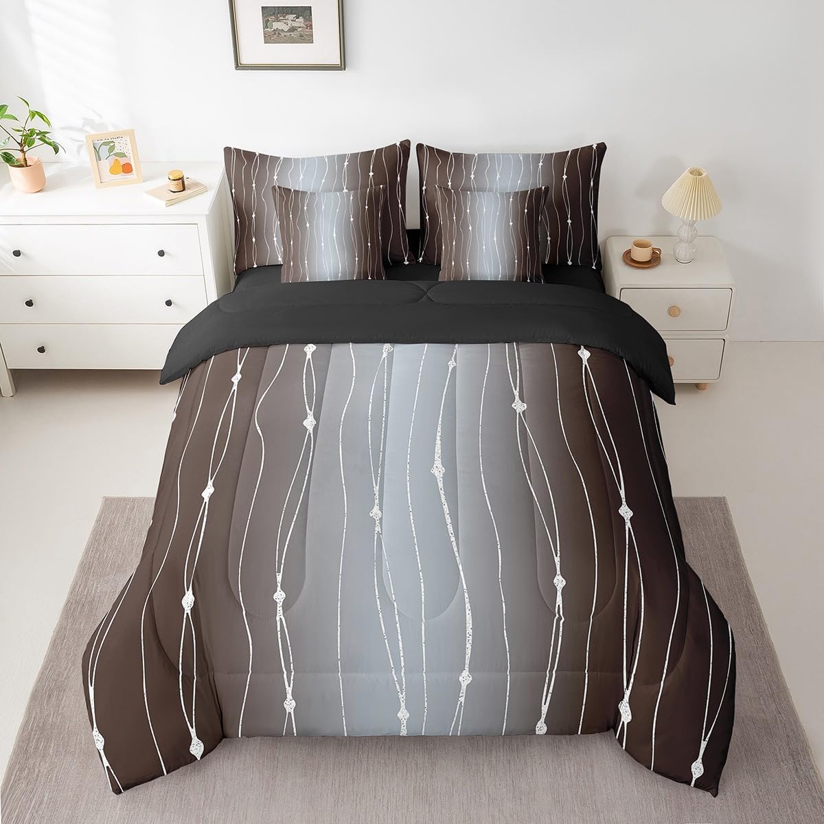Erosebridal Brown and Grey Gradient Bedding King Size 7pcs Gray Brown Watercolor Comforter Set, Lines Bedding Comforter Sets Ombre Stripe Bed in a Bag, Modern Abstract Aesthetic Bedding Accessories