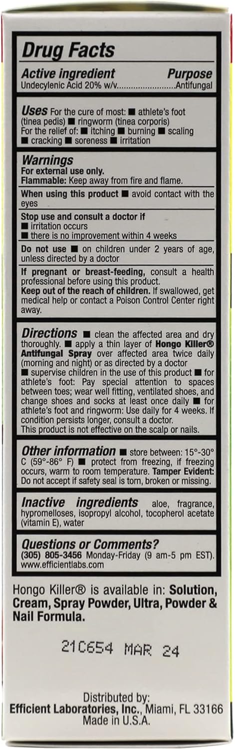HONGO KILLER Antifungal Spray, Athlete's Foot Treatment, 1.50 Fl Oz, Bottle (Pack of 2)