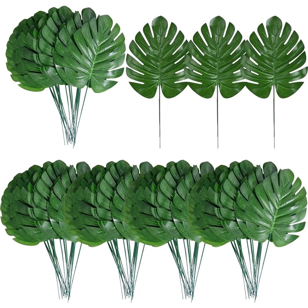 Hndhbfgrt Faux Palm Leaves 100Pcs Artificial Monstera Fake Tropical with Stem for Jungle Hawaiian Dinosaur Table Decoration