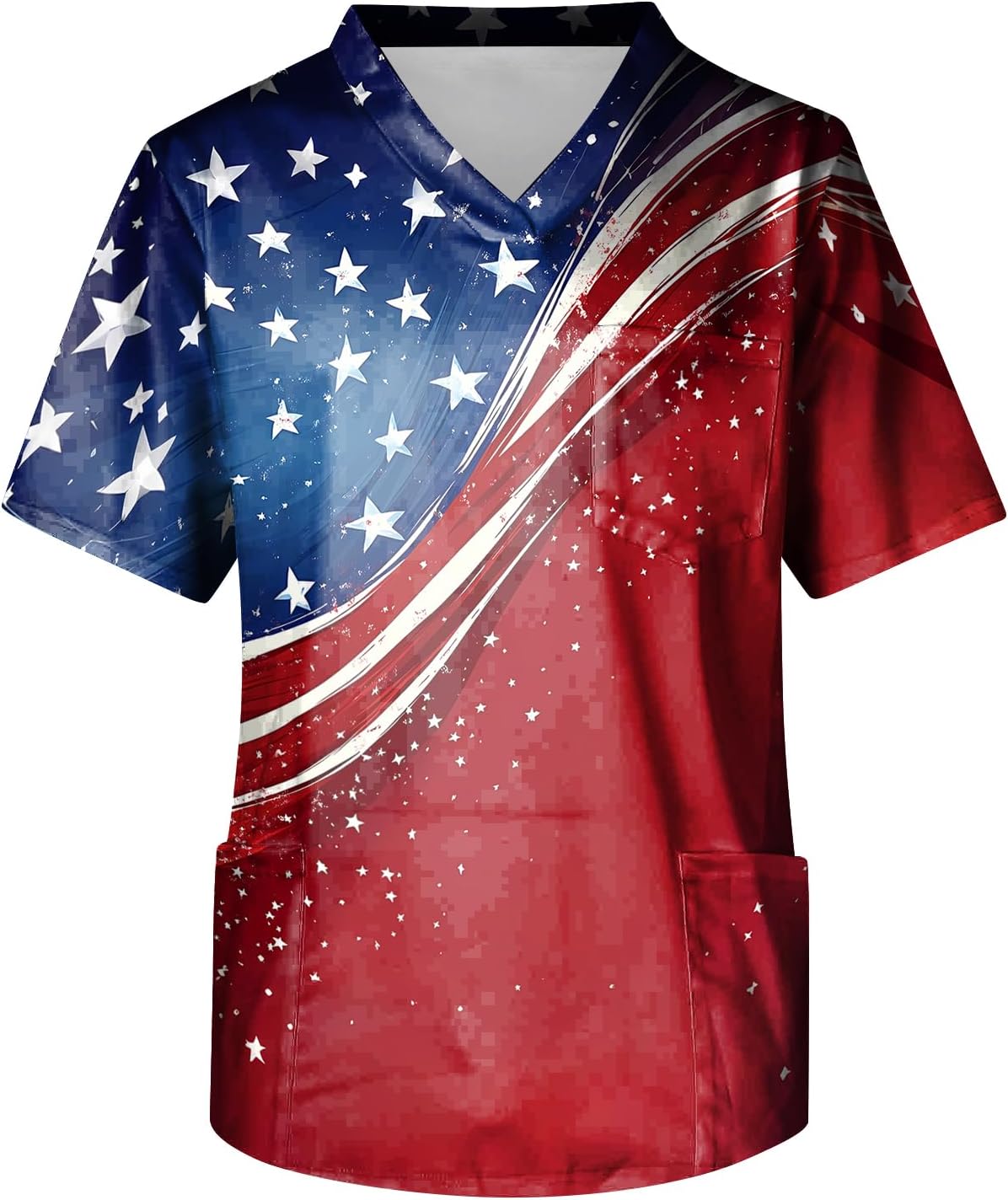 RTRDE Men's T-Shirts Short Sleeve American Flag Print Summer V Neck Soft Scrub Shirts with Pockets, S-5XL