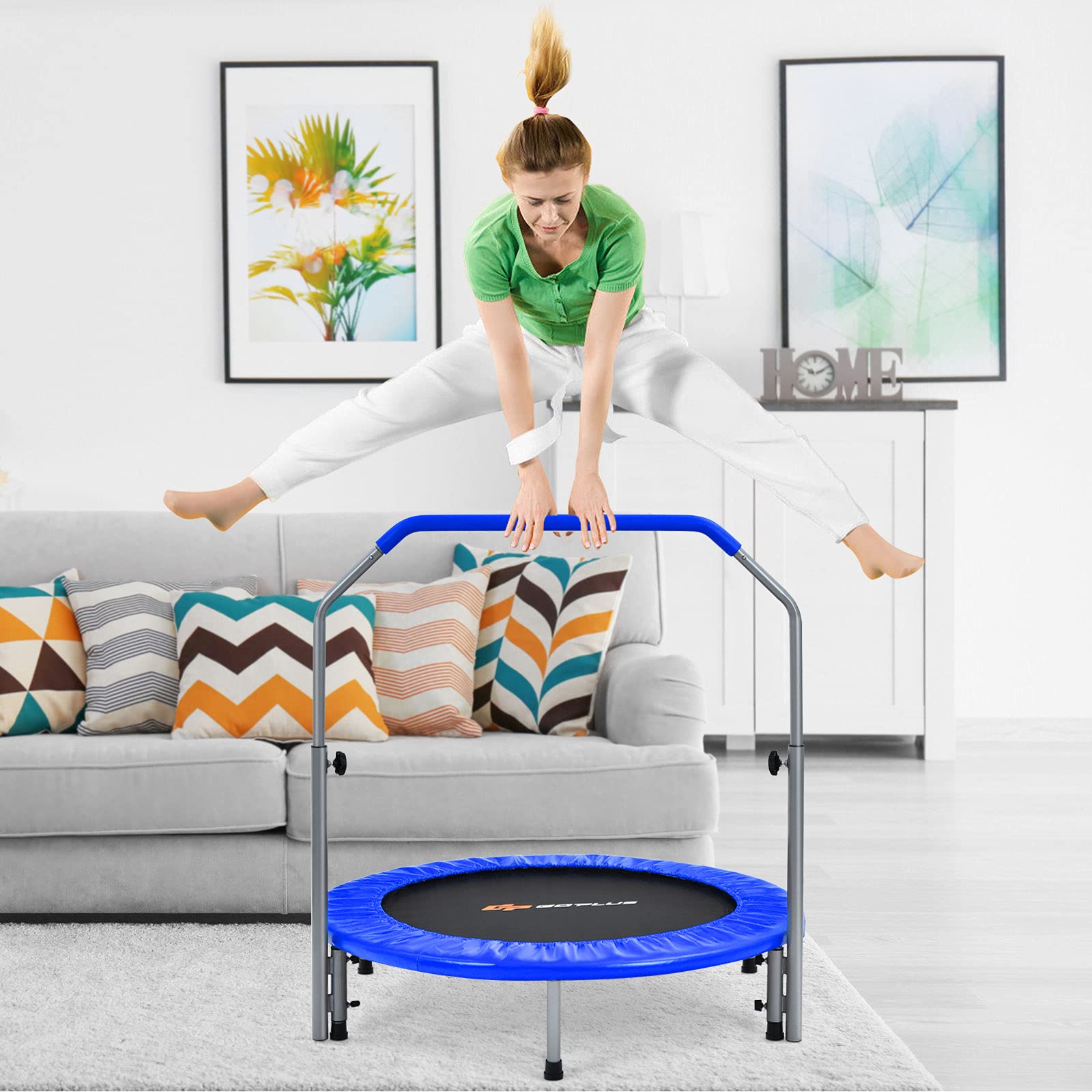COSTWAY Trampolino per Bambini e Adulti, Tappeto Elastico Pieghevole e Regolabile in 4 Altezze con Maniglia, Capacità di Carico 150 kg